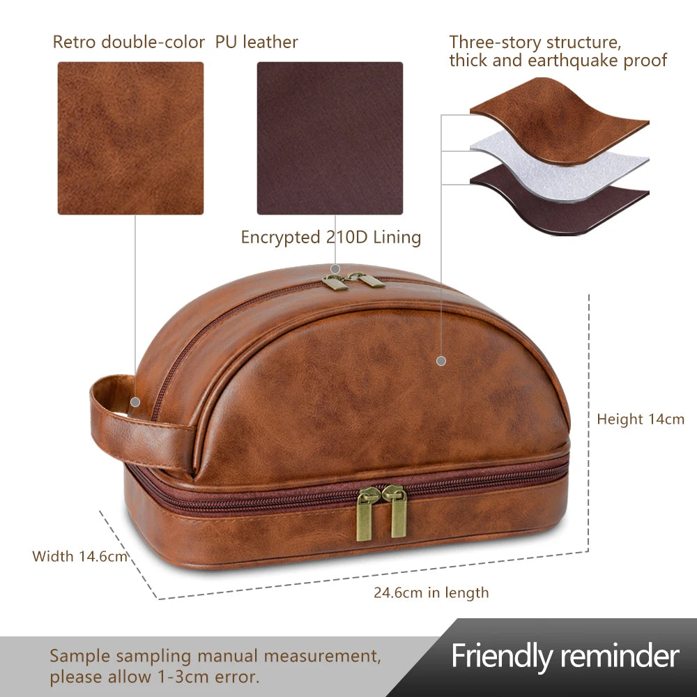 Men's Leather Waterproof Toiletry Bag - Large Capacity Storage Cosmetic Case-Travel Pouch-Red Brown-Free Shipping Leatheretro