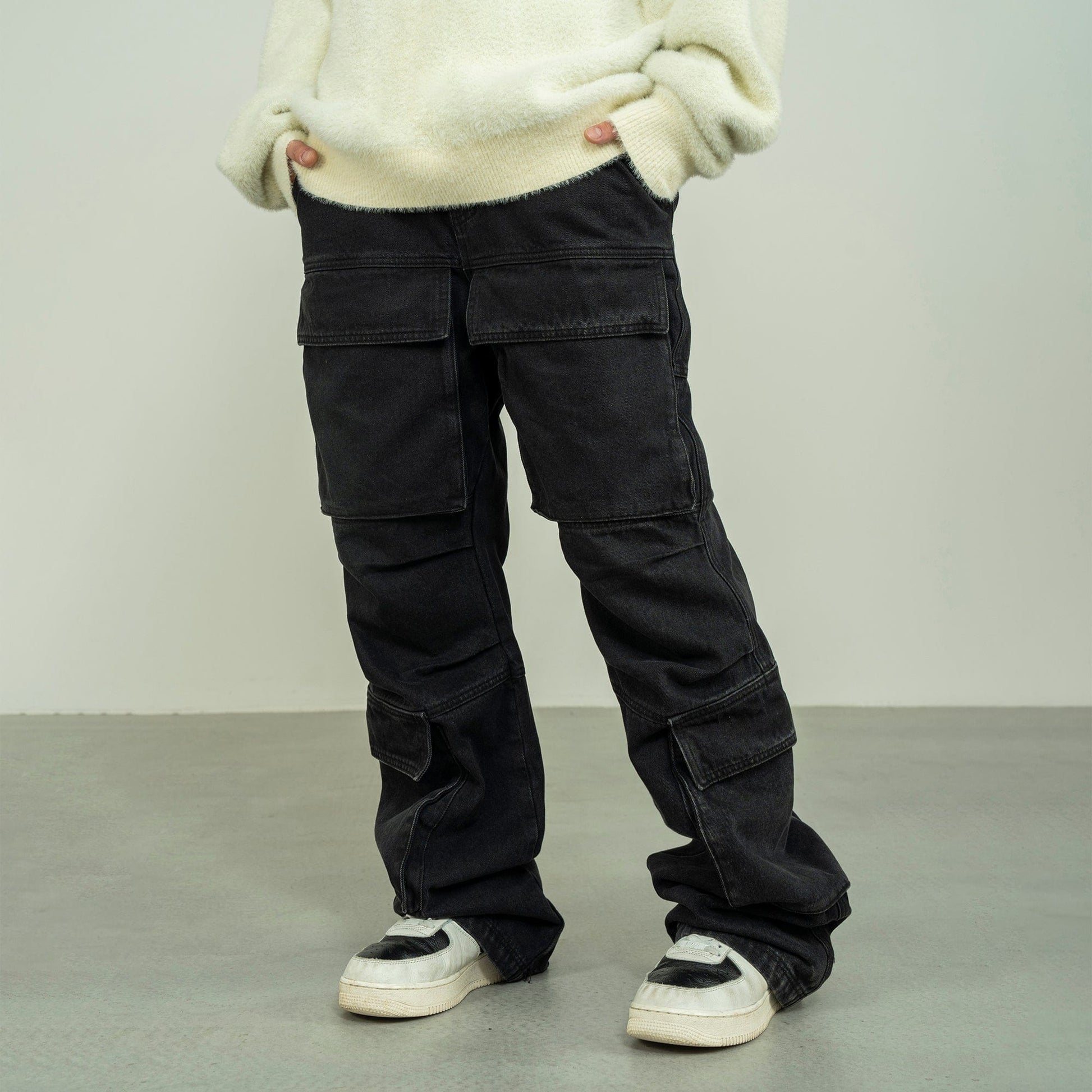 MAKEMORE Washed Denim Cargo-Jeans-M-Black-Free Shipping Leatheretro