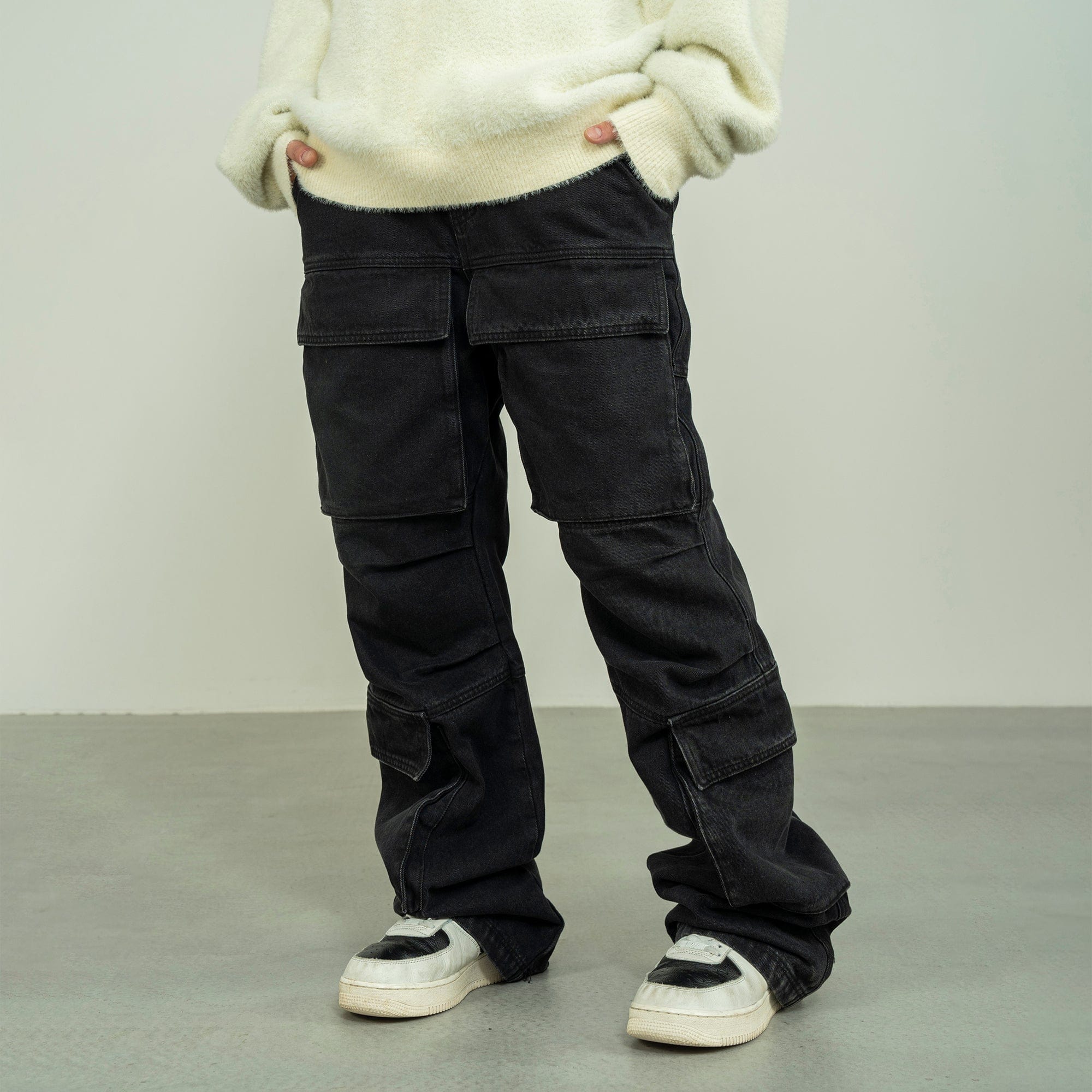MAKEMORE Washed Denim Cargo-Jeans-M-Black-Free Shipping Leatheretro