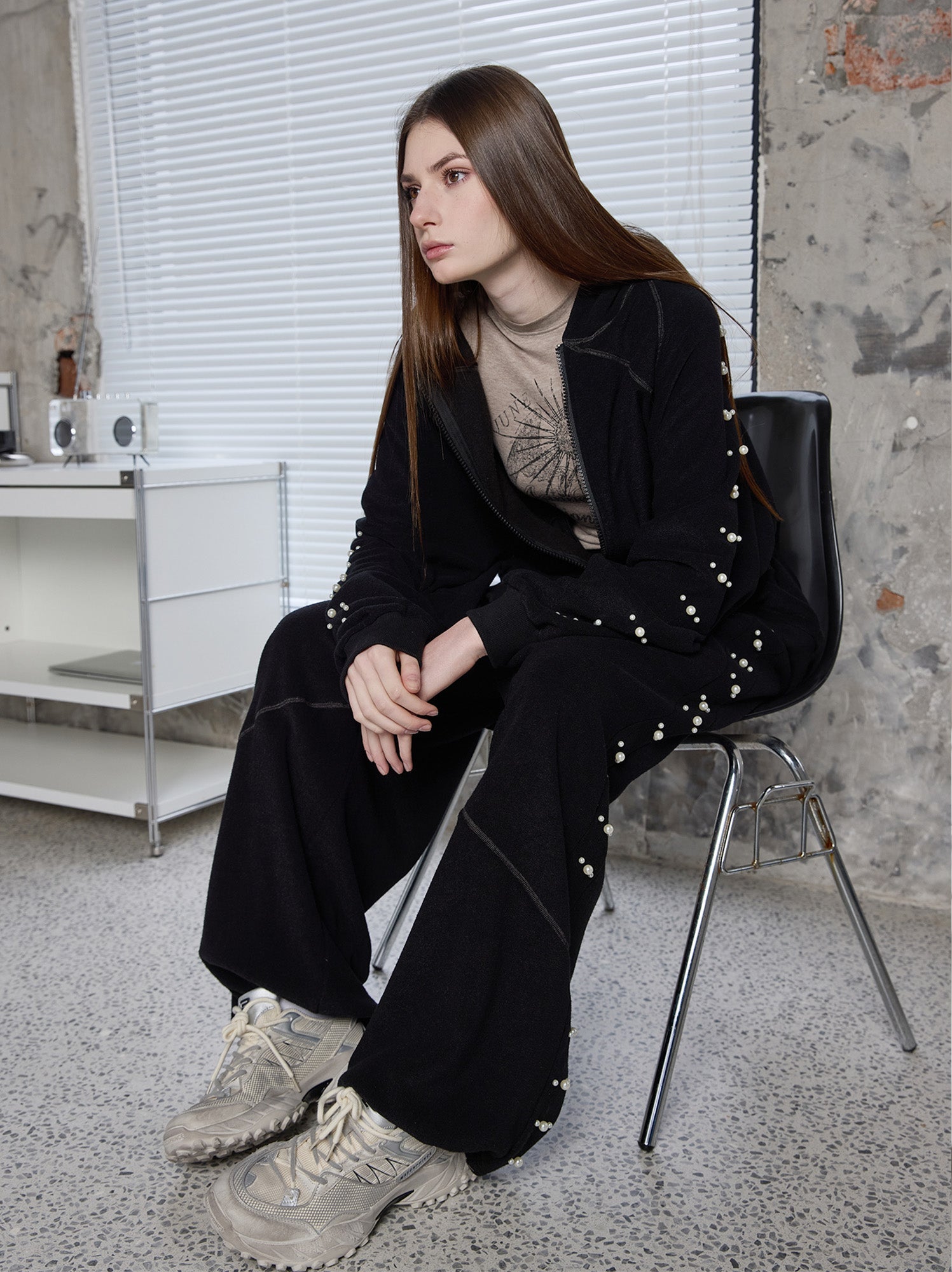 ERROR CODE ROBOT Pearl-Studded Diamond-Seam Pants-Pants-S-Free Shipping Leatheretro