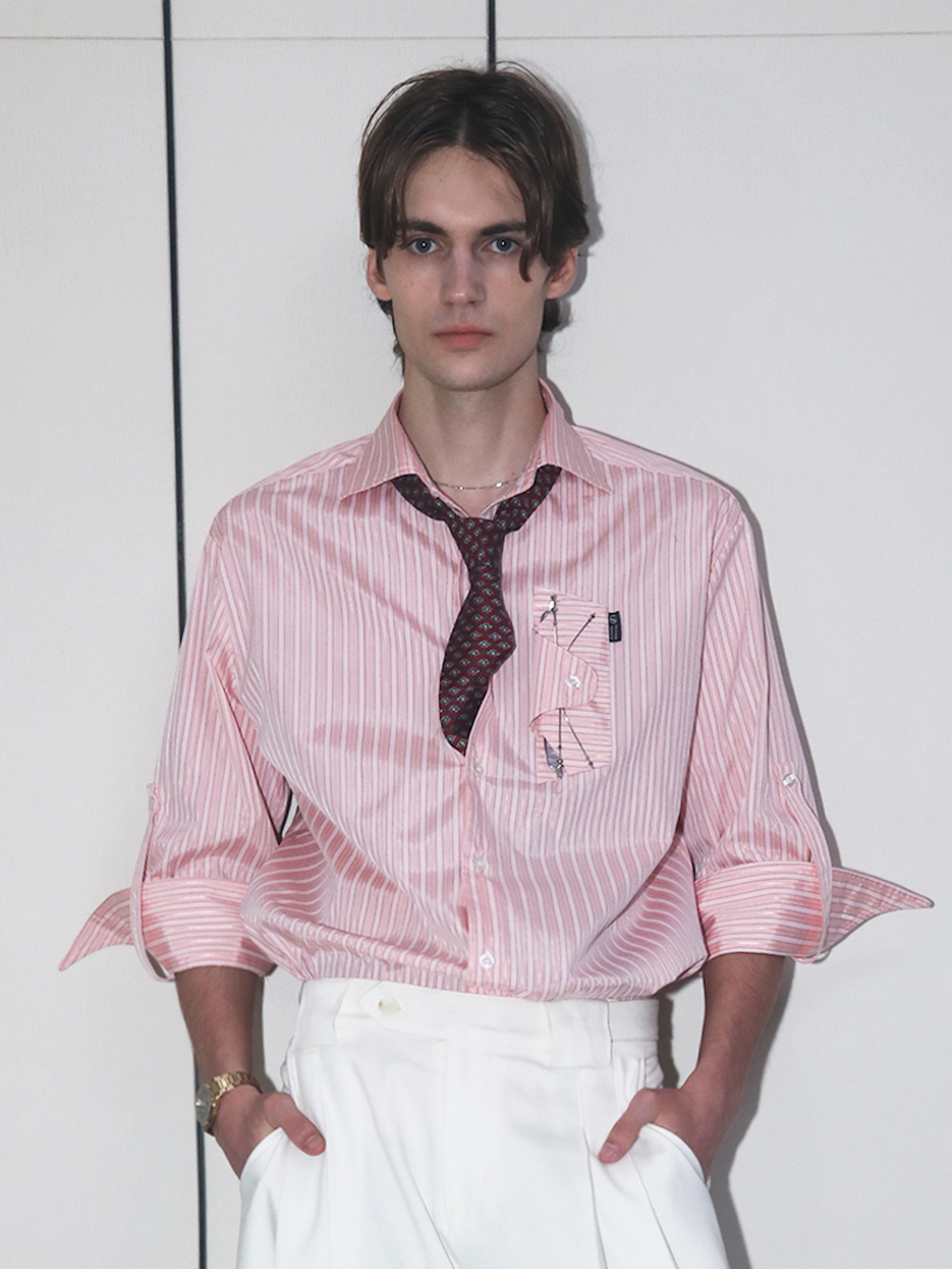 ASSEEN Striped Glasses Pocket Half Shirt Pink-Half shirt-S-Free Shipping Leatheretro