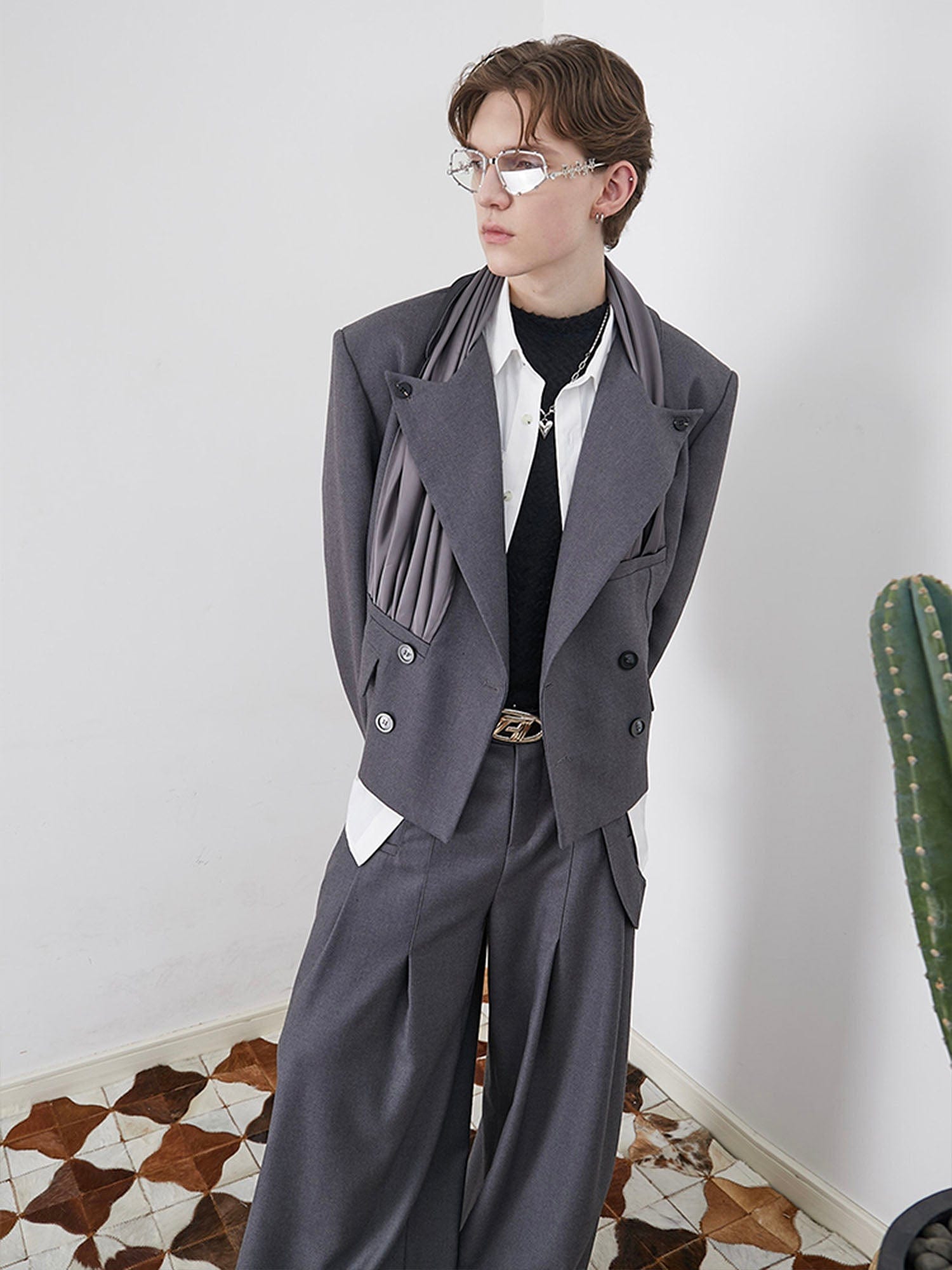 ASSEEN Pleated Panel Double-Breasted Blazer-Jacket-S-Free Shipping Leatheretro