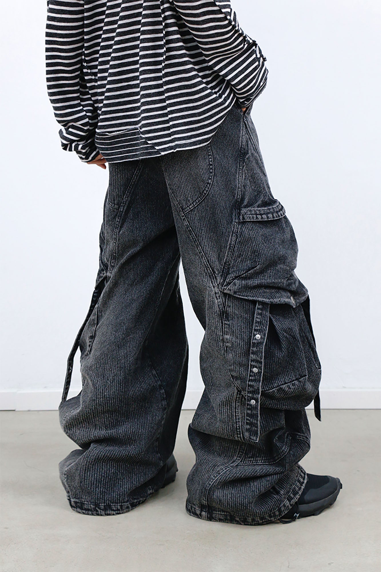 RELABEL Washed Paneled Strap Oversized Cargo Jeans Black-Jeans-XS-Free Shipping Leatheretro