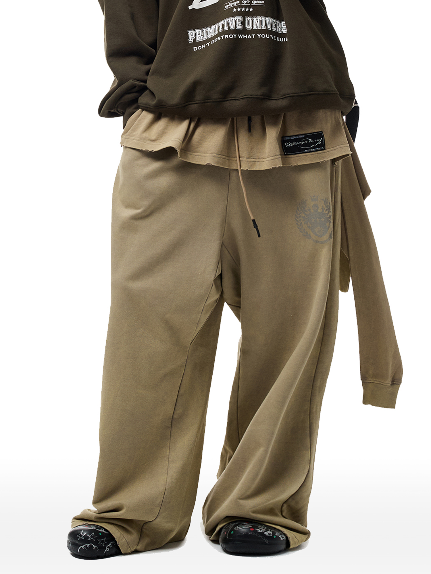 CYCYCY Layered Raw Edge Wide-Leg Sweatpants Khaki-Pants-S / 23"-Free Shipping Leatheretro