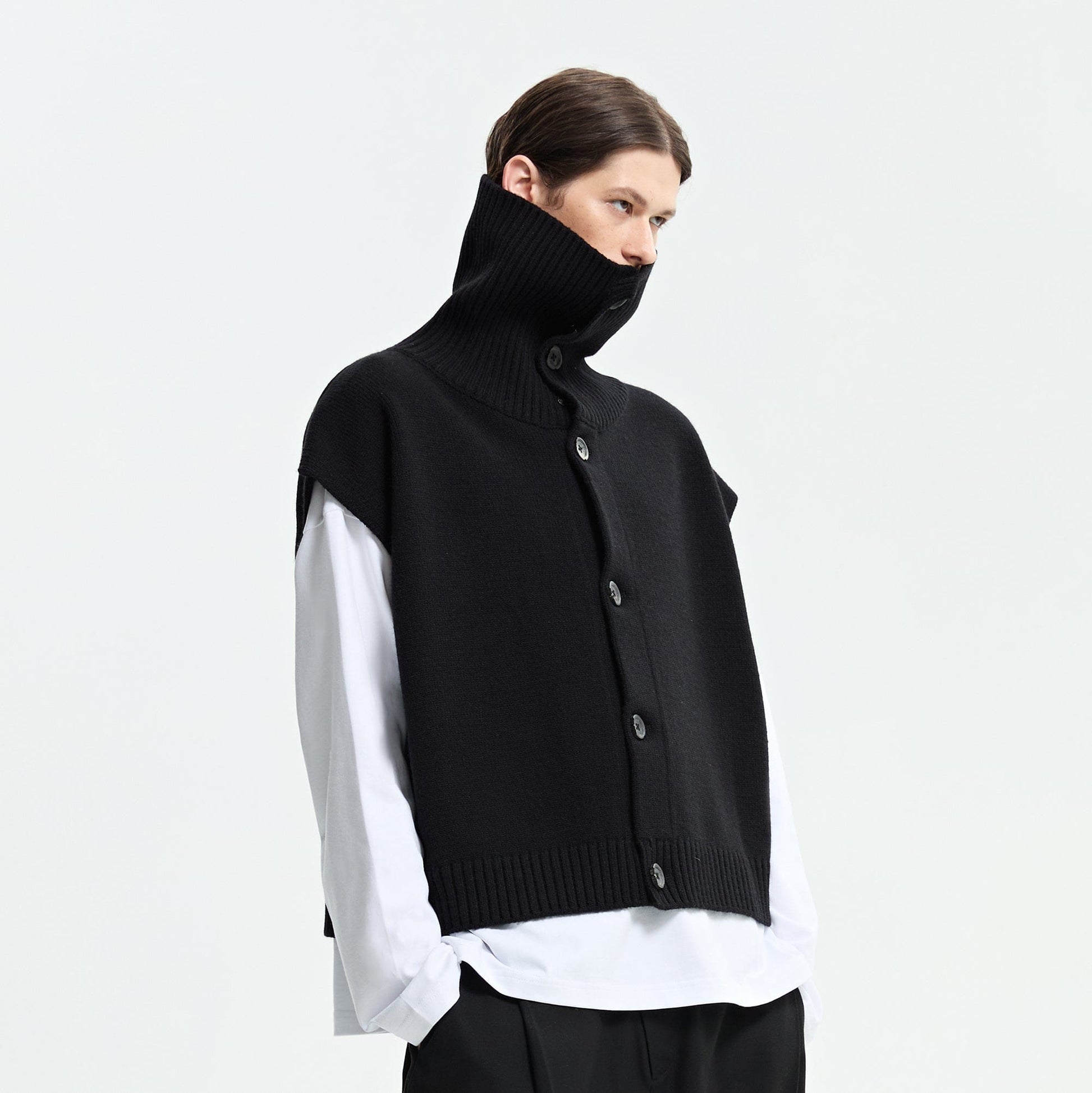 ORGANIC EMOTION Classic Knitted High Collar Button Vest-Vest-S-Free Shipping Leatheretro