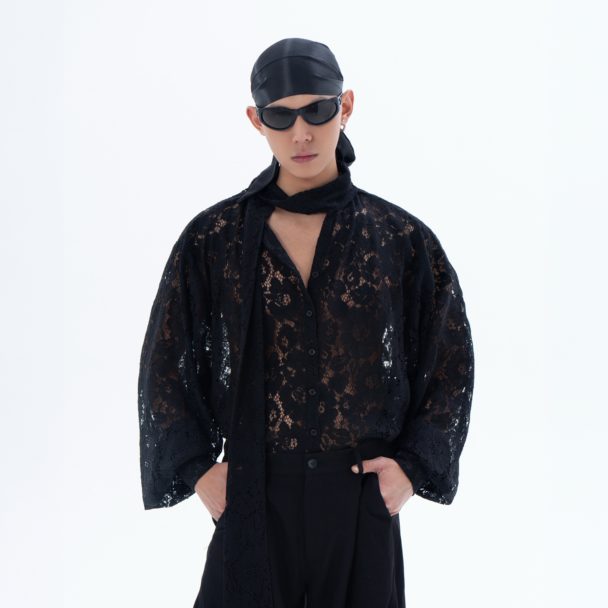 CLP Floral Lace Tie-Neck Shirt-Shirt-S-Black (Preorder)-Free Shipping Leatheretro