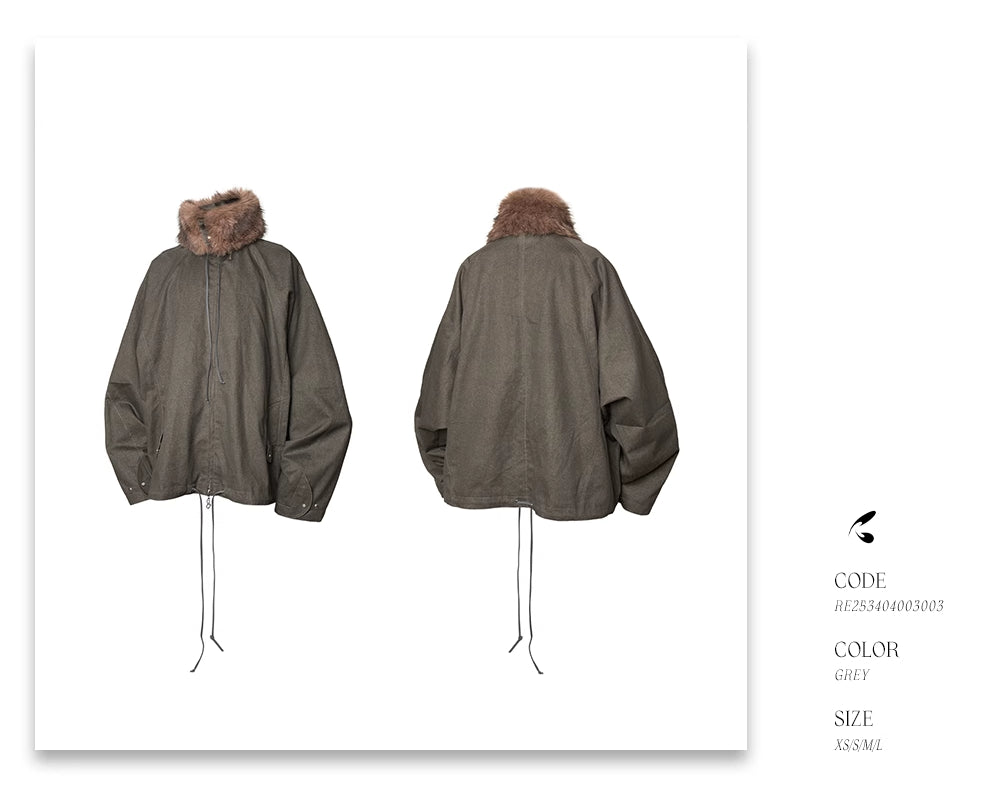 RELABEL Detachable Faux Fur Collar Two-Tone Batwing Sleeve Jacket-Brown-XS-Free Shipping Leatheretro