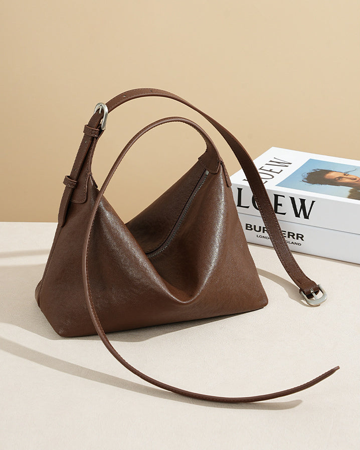 Vintage Full-Grain Vegetable-Tanned Leather Crossbody Hobo Bag-Shoulder Bags-Baroque brown-Free Shipping Leatheretro