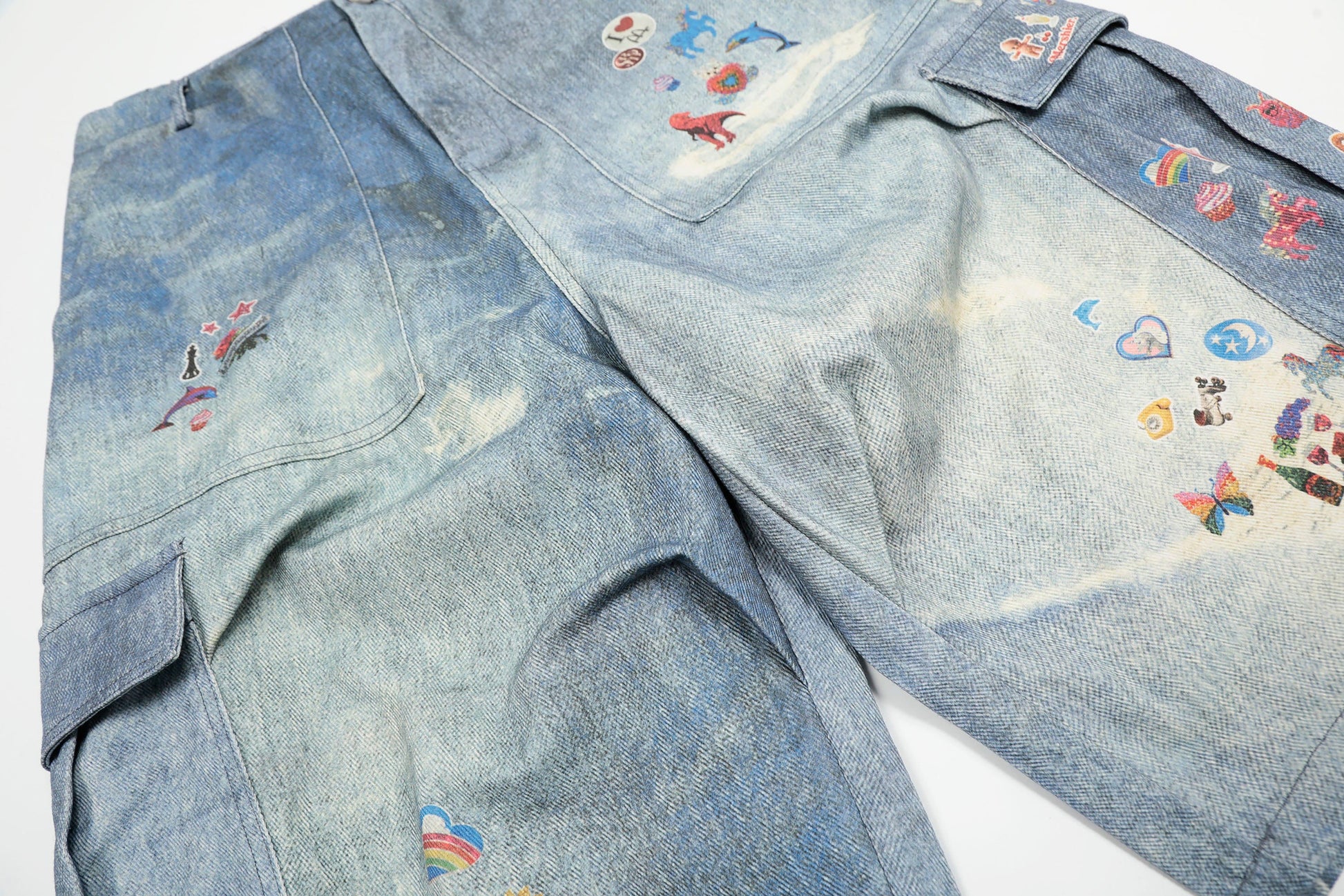 CLP Whimsical Distressed Stickers Cargo Denim Shorts-Shorts-S-Free Shipping Leatheretro