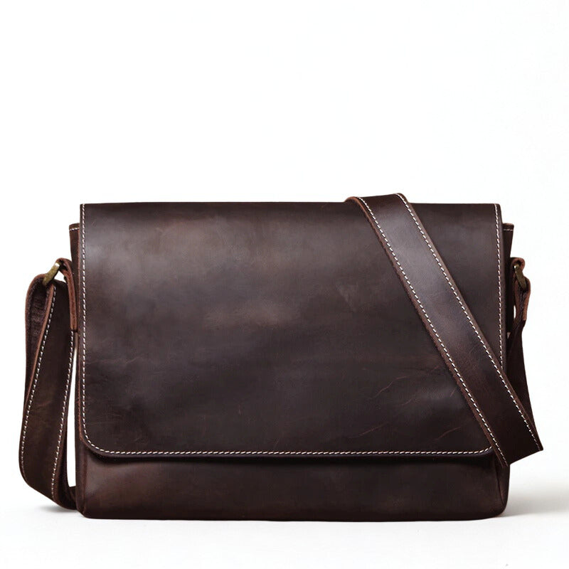 Crazy Horse Leather Messenger Bag - Men's Vintage Flap Crossbody Bags-Messenger Bag-Dark Brown-Free Shipping Leatheretro