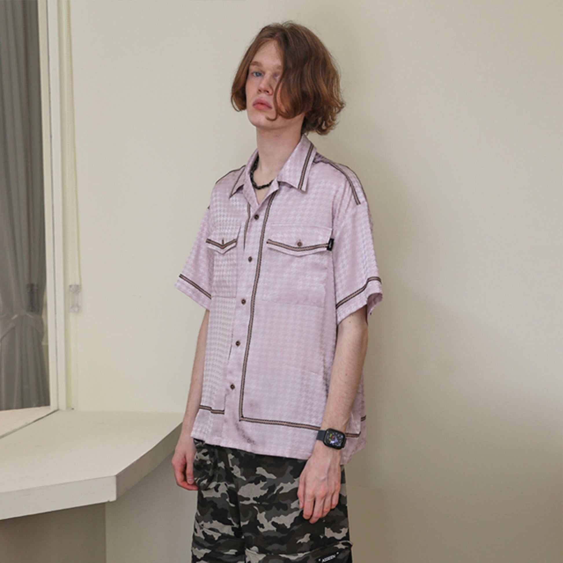 ASSEEN Contrast Piped Glossy Houndstooth Half Shirt-Half shirt-S-Free Shipping Leatheretro