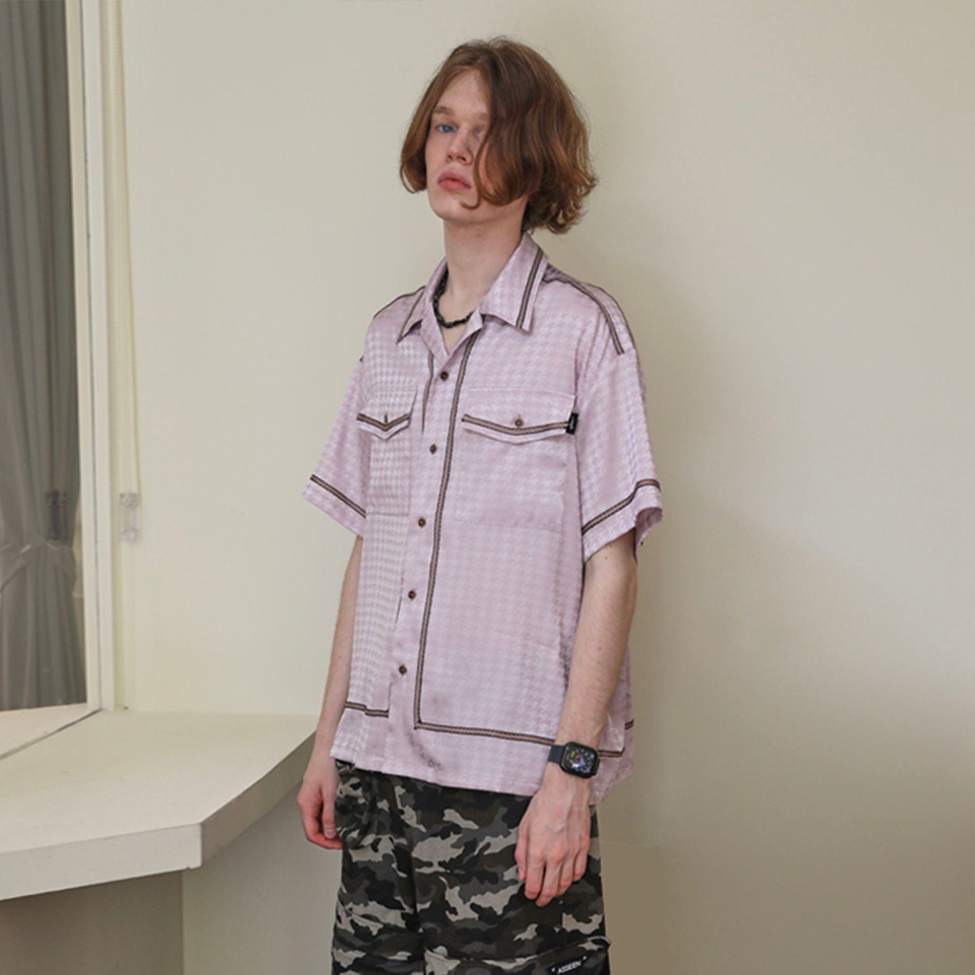 ASSEEN Contrast Piped Glossy Houndstooth Half Shirt-Half shirt-S-Free Shipping Leatheretro