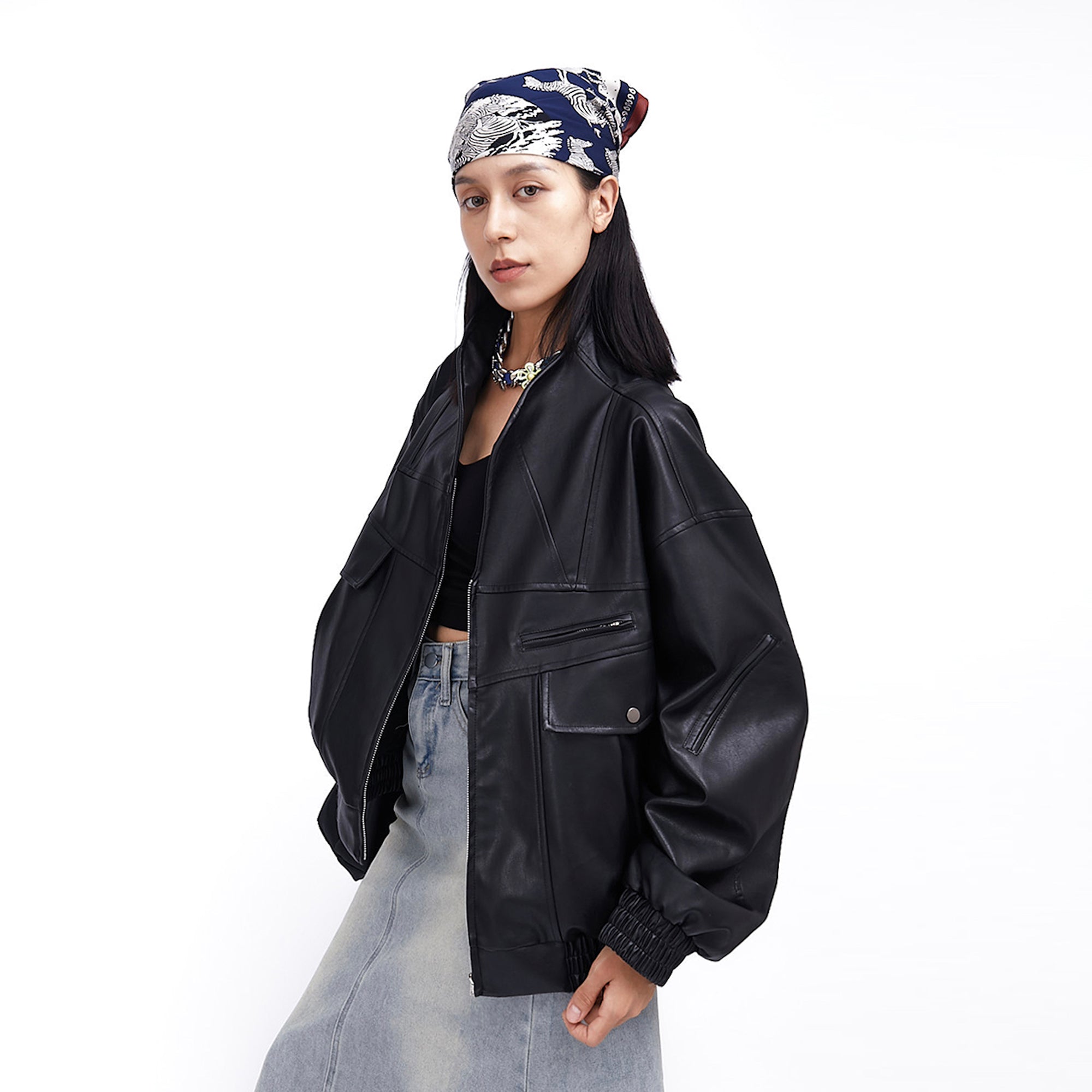 ASSEEN Oversized Paneled Utility Faux Leather Jacket-Jacket-S-Free Shipping Leatheretro