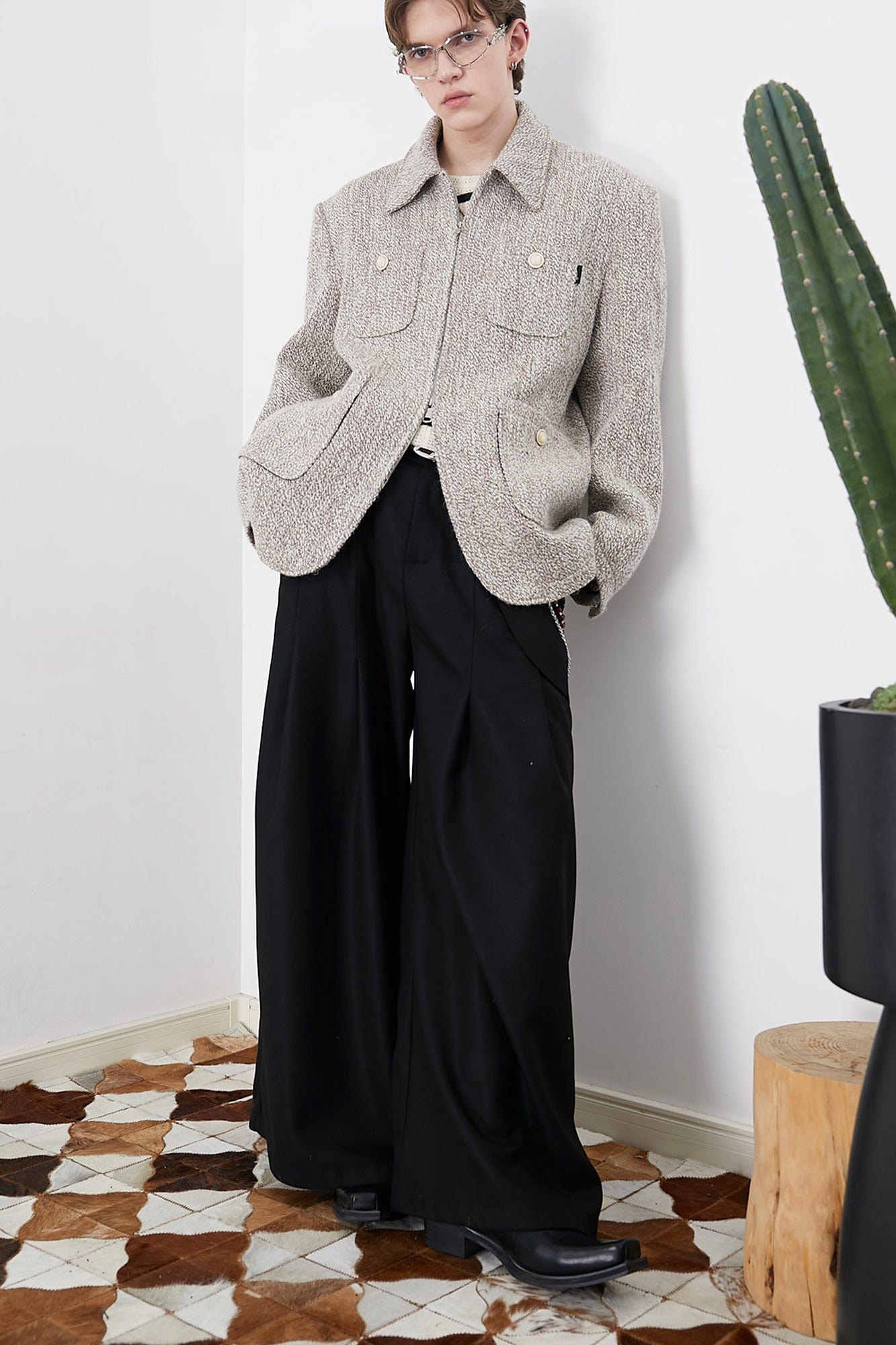 ASSEEN Asymmetrical Tab Pleated Wide-Leg Pants Black-Pants-S-Free Shipping Leatheretro