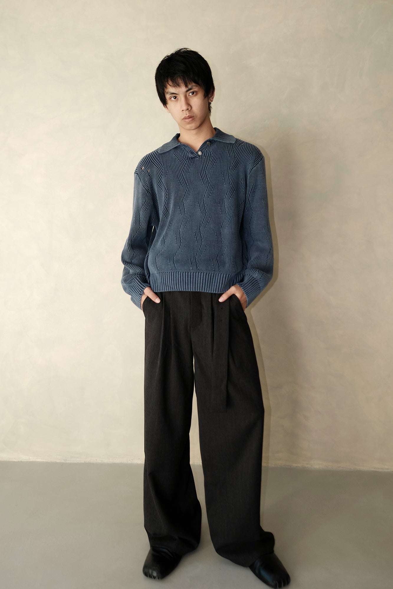 IN EXISTENCE Distressed Chevron Collared Sweater-Sweater-S-Dark Gray-Free Shipping Leatheretro