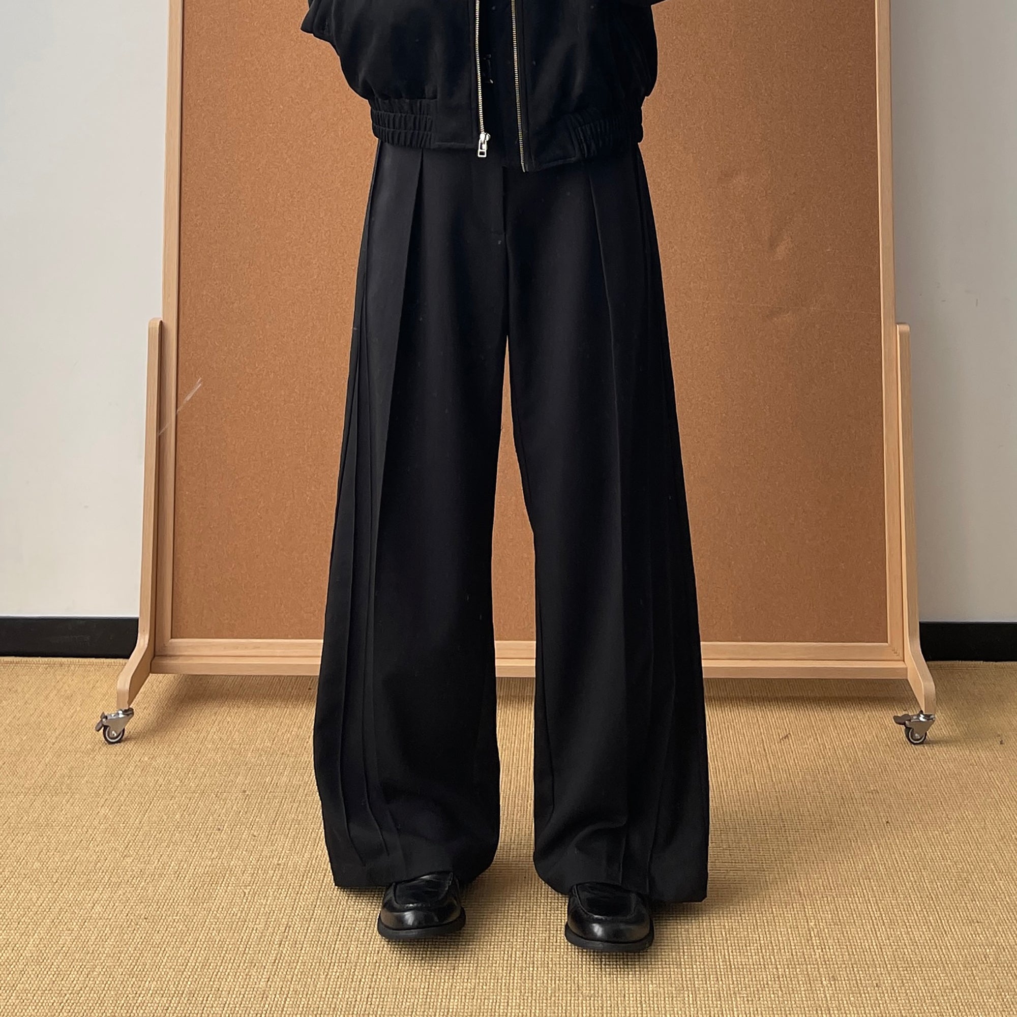 OKAYTHXBYE Essential Pleated Wide-Leg Trousers-Pants-S-Black-Free Shipping Leatheretro