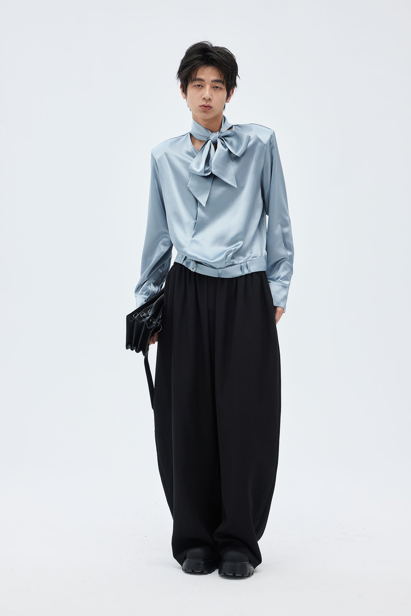 TUIMU Acetate Belt-Hem Tie-Neck Blouse-Shirt-S-Blue-Free Shipping Leatheretro