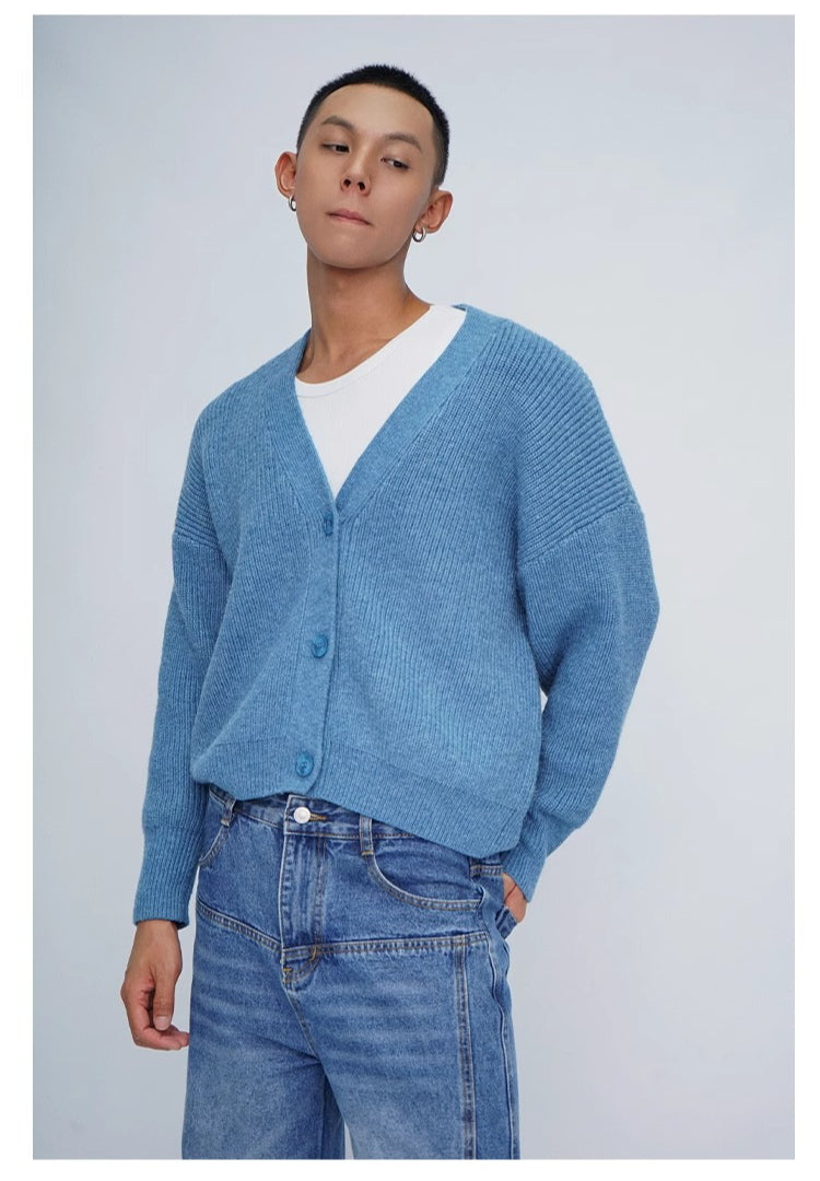 CLP Unisex Wing Design Oversized Knit Cardigan-Blue-Short Style-3 Buttons-Free Shipping Leatheretro