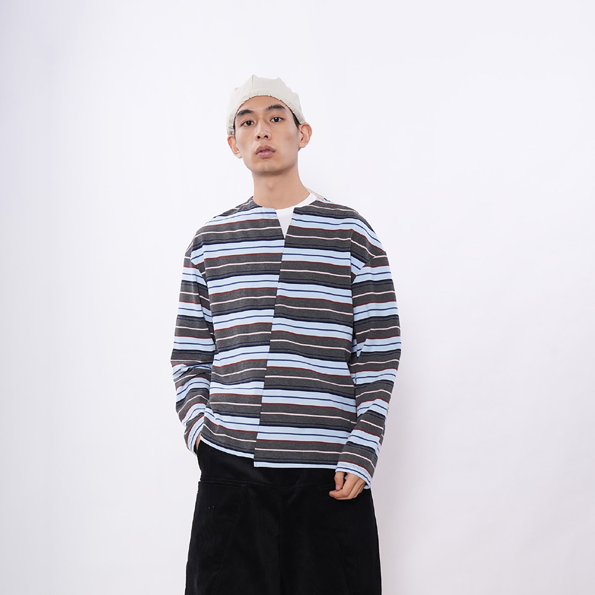 7440 37 1 Asymmetrical Stripe Panel Long Sleeve-L/S Tee-S (Preorder)-Blue and White-Free Shipping Leatheretro