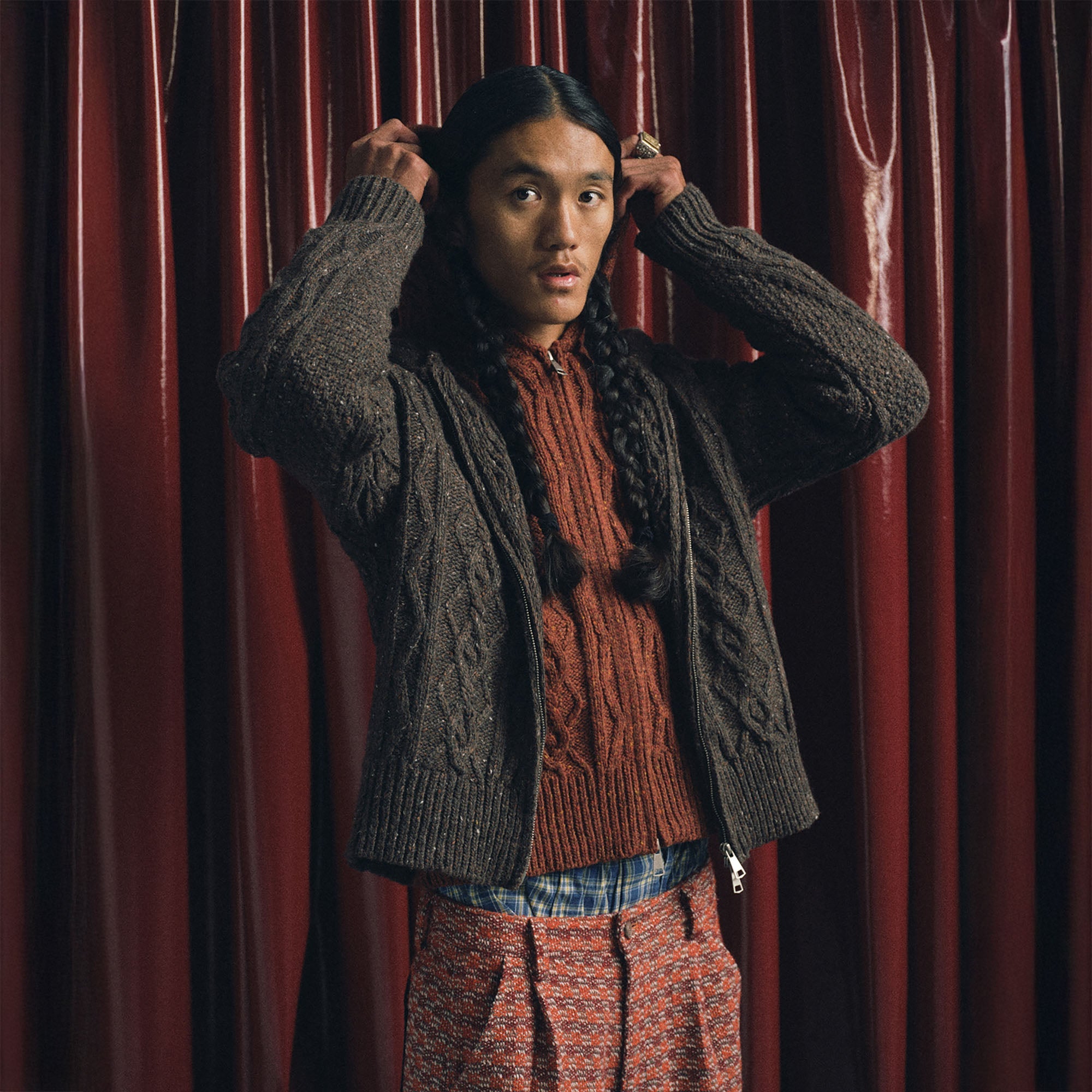 TRECLUB Nep Yarn Cable-Knit Zip-Up Hooded Cardigan-Sweater-S-Free Shipping Leatheretro