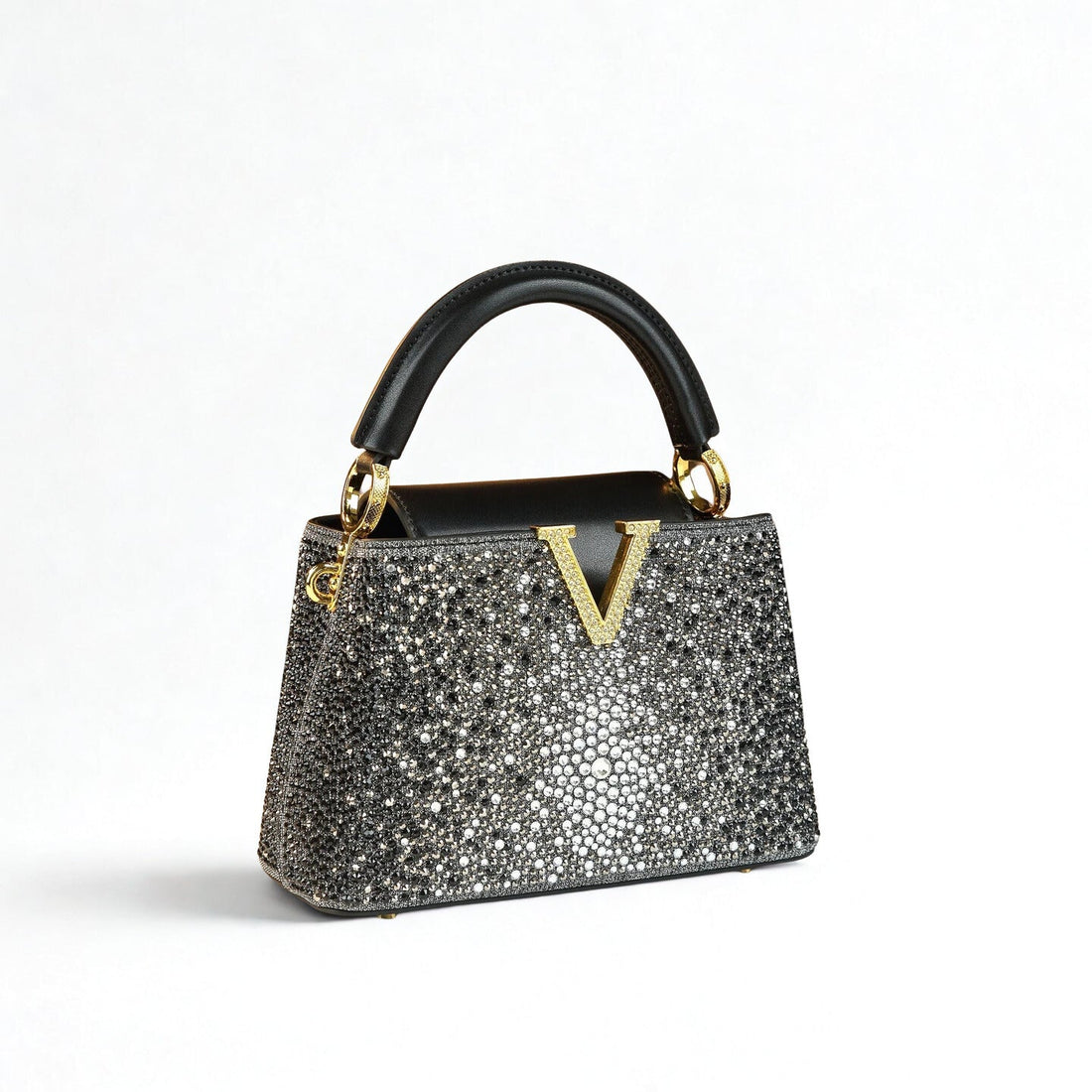 Genuine Leather V Letter Small Crossbody Bag - Diamonds Luxury Messenger Shell Bags-Crossbody Bag-Silver-Free Shipping Leatheretro