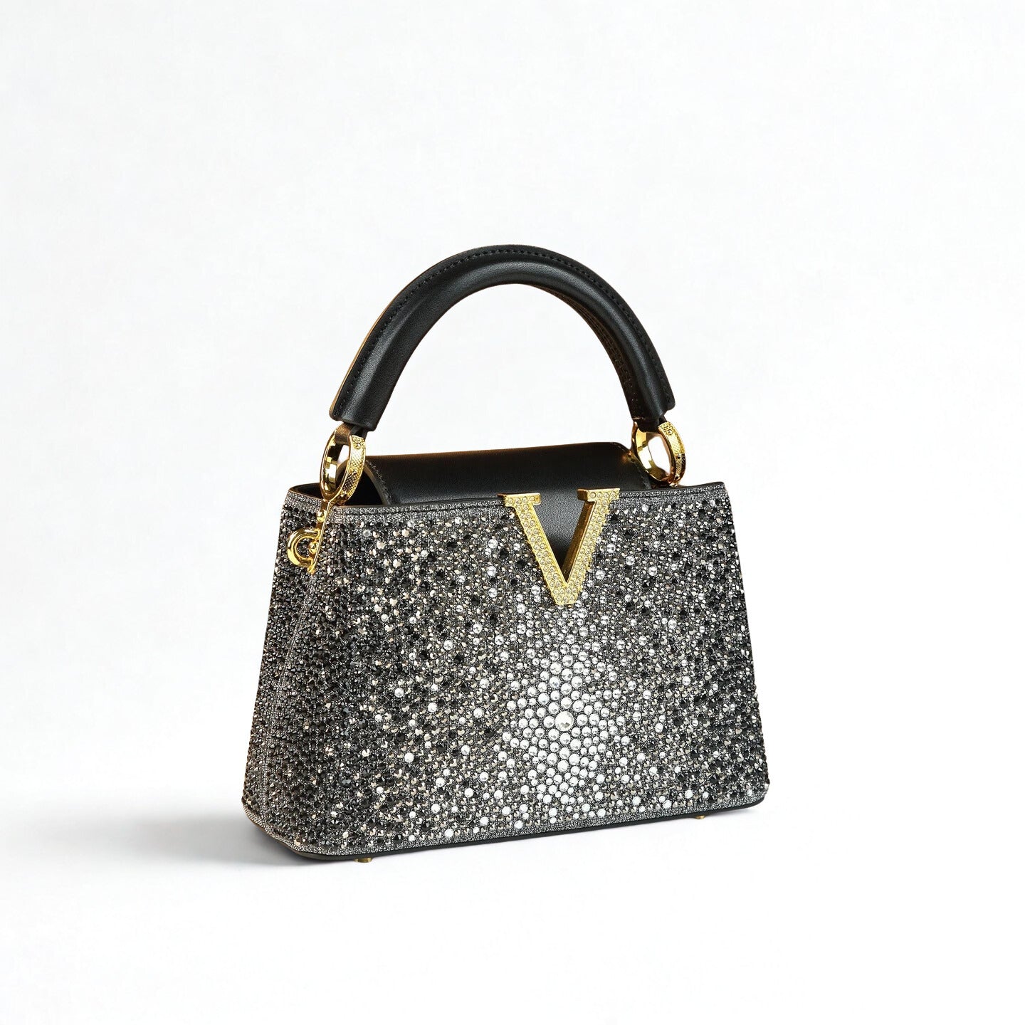 Genuine Leather V Letter Small Crossbody Bag - Diamonds Luxury Messenger Shell Bags-Crossbody Bag-Silver-Free Shipping Leatheretro