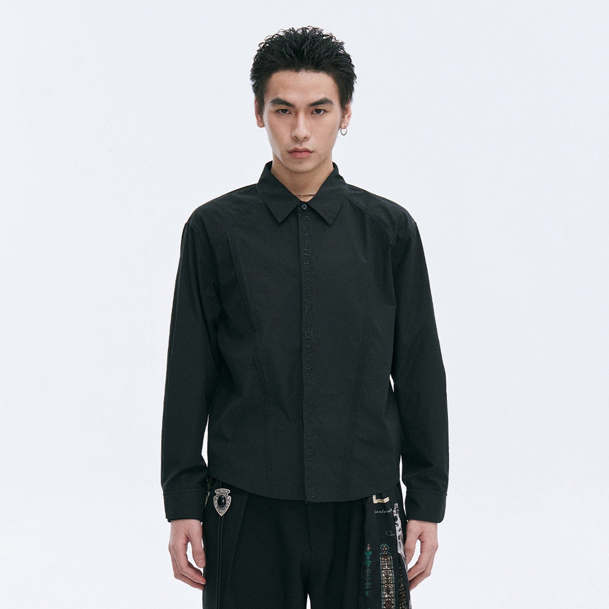 CATSSTAC Layered Seamline Floral Embroidered Shirt-Shirt-Black-M-Free Shipping Leatheretro