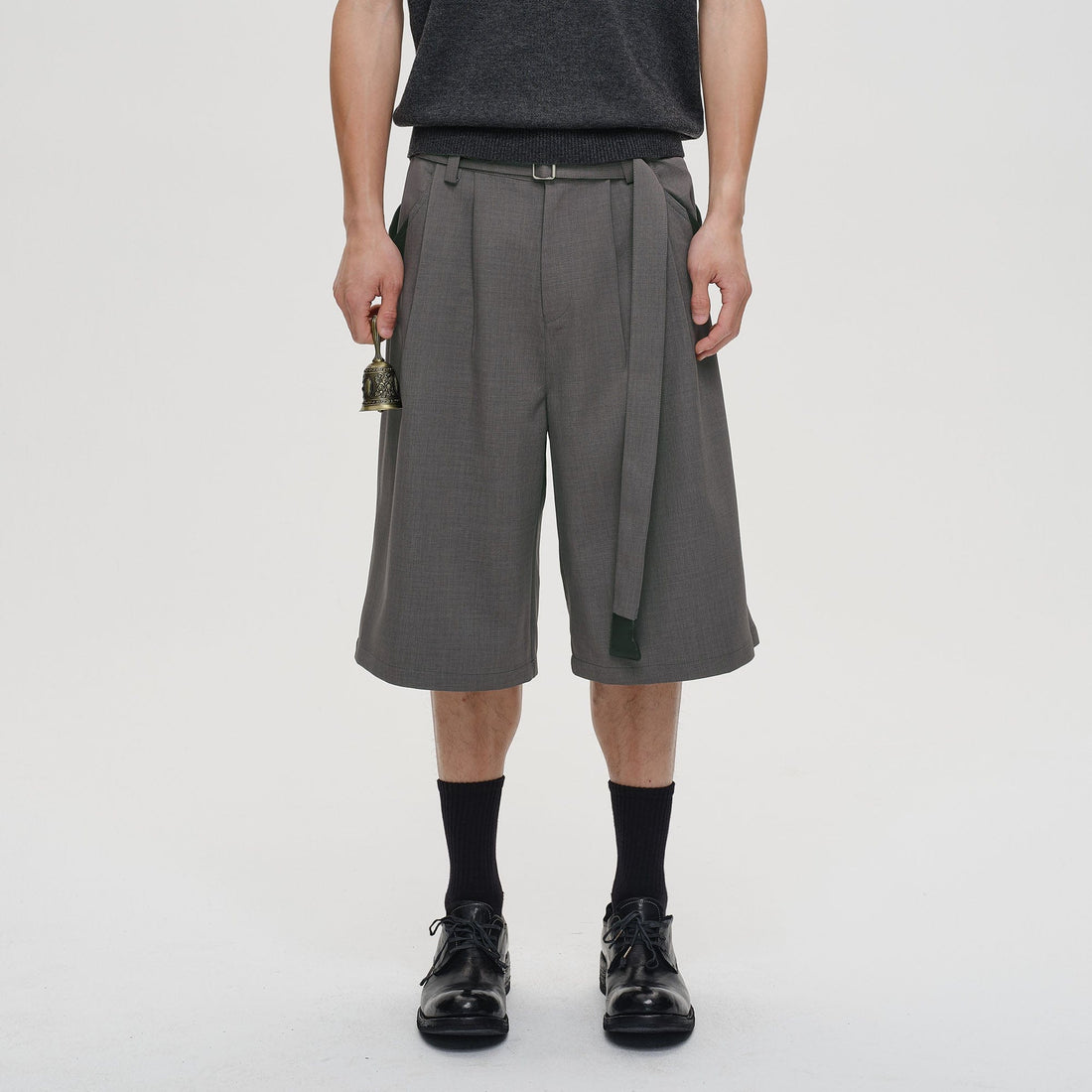 CATSSTAC Pleated Belted Wide-Leg Shorts-Shorts-M-Gray-Free Shipping Leatheretro