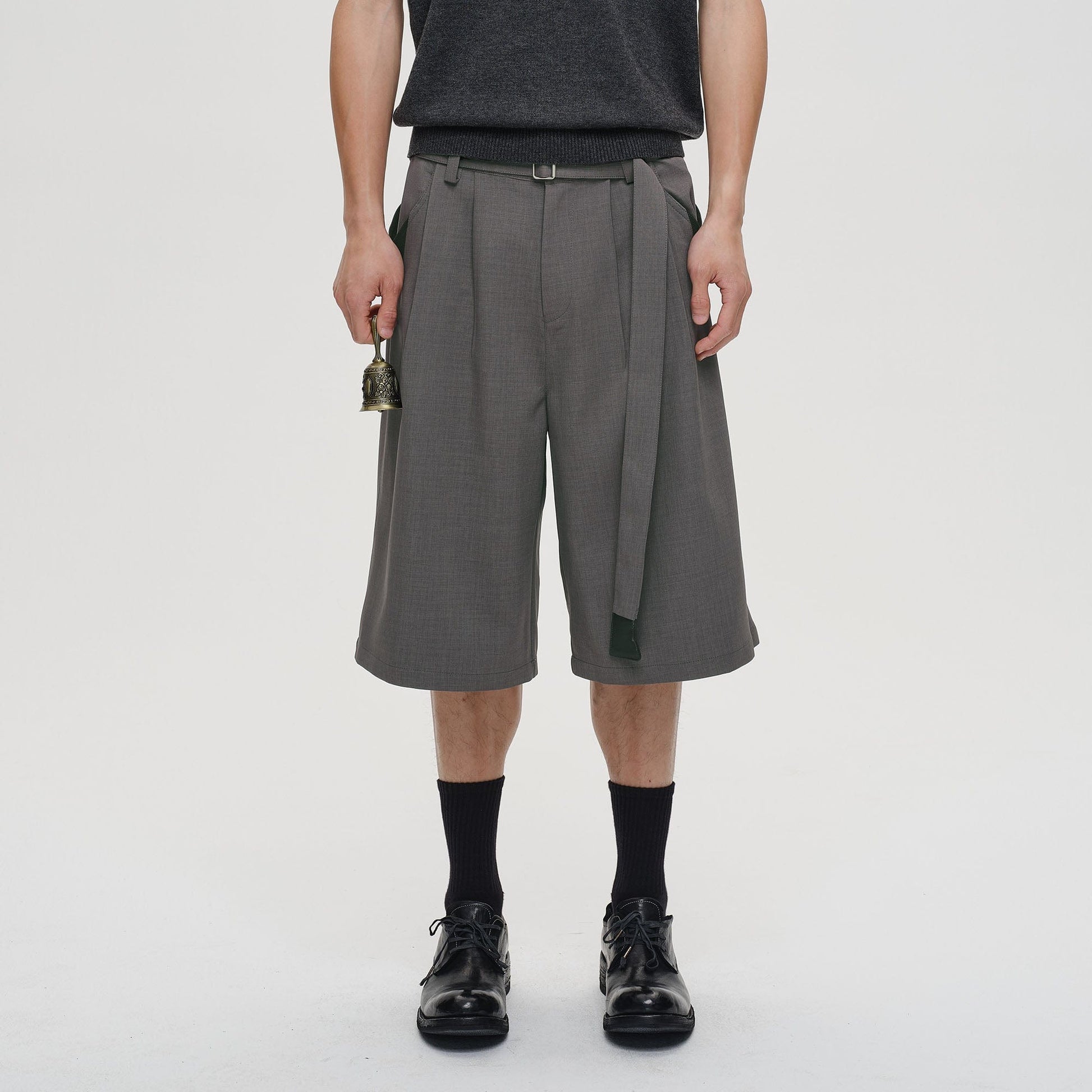 CATSSTAC Pleated Belted Wide-Leg Shorts-Shorts-M-Gray-Free Shipping Leatheretro