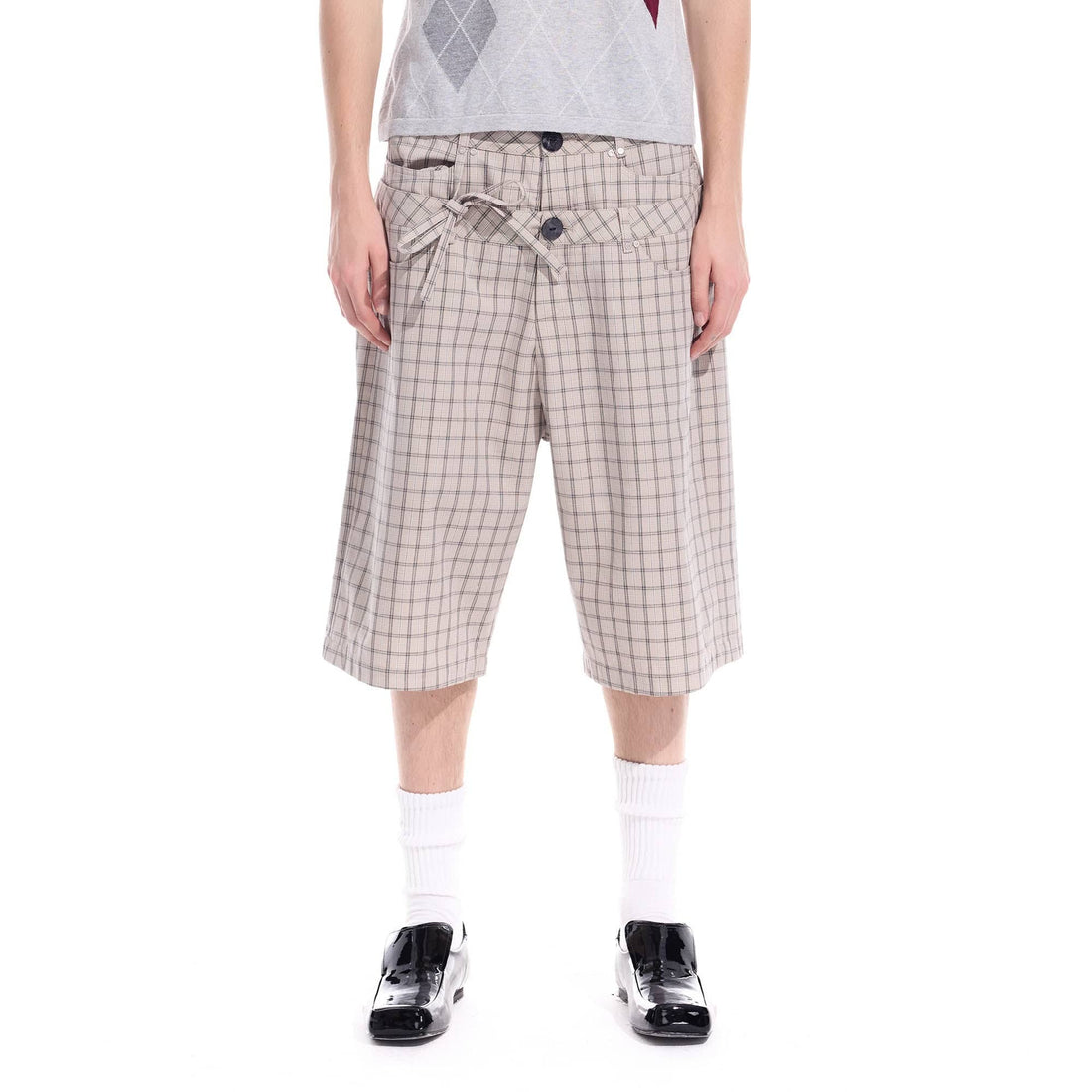 WHISTLEHUNTER Plaid Double-Waist Strap Shorts-Shorts-S-Beige-Free Shipping Leatheretro