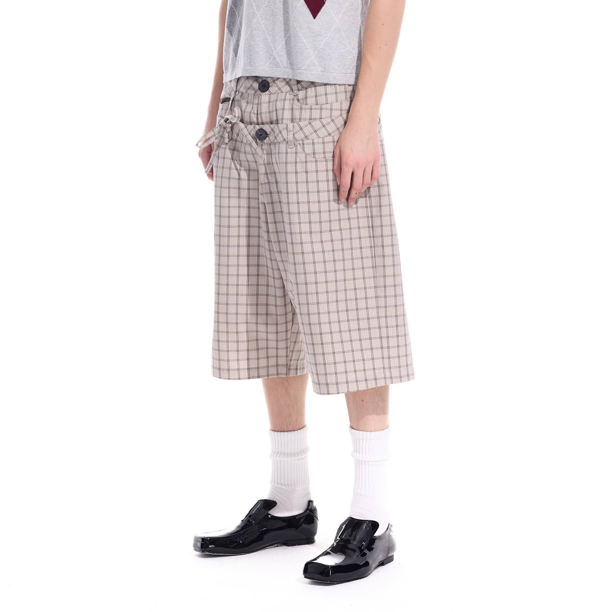 WHISTLEHUNTER Plaid Double-Waist Strap Shorts-Shorts-S-Beige-Free Shipping Leatheretro