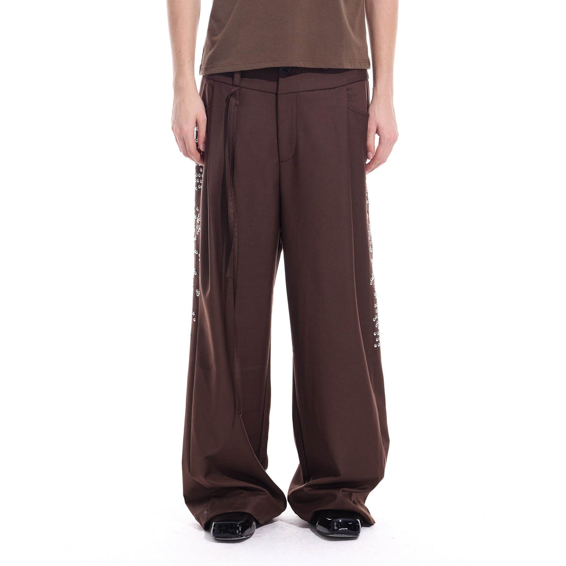 WHISTLEHUNTER Studded-Side Strap Straight-Leg Pants-Pants-S-Brown-Free Shipping Leatheretro