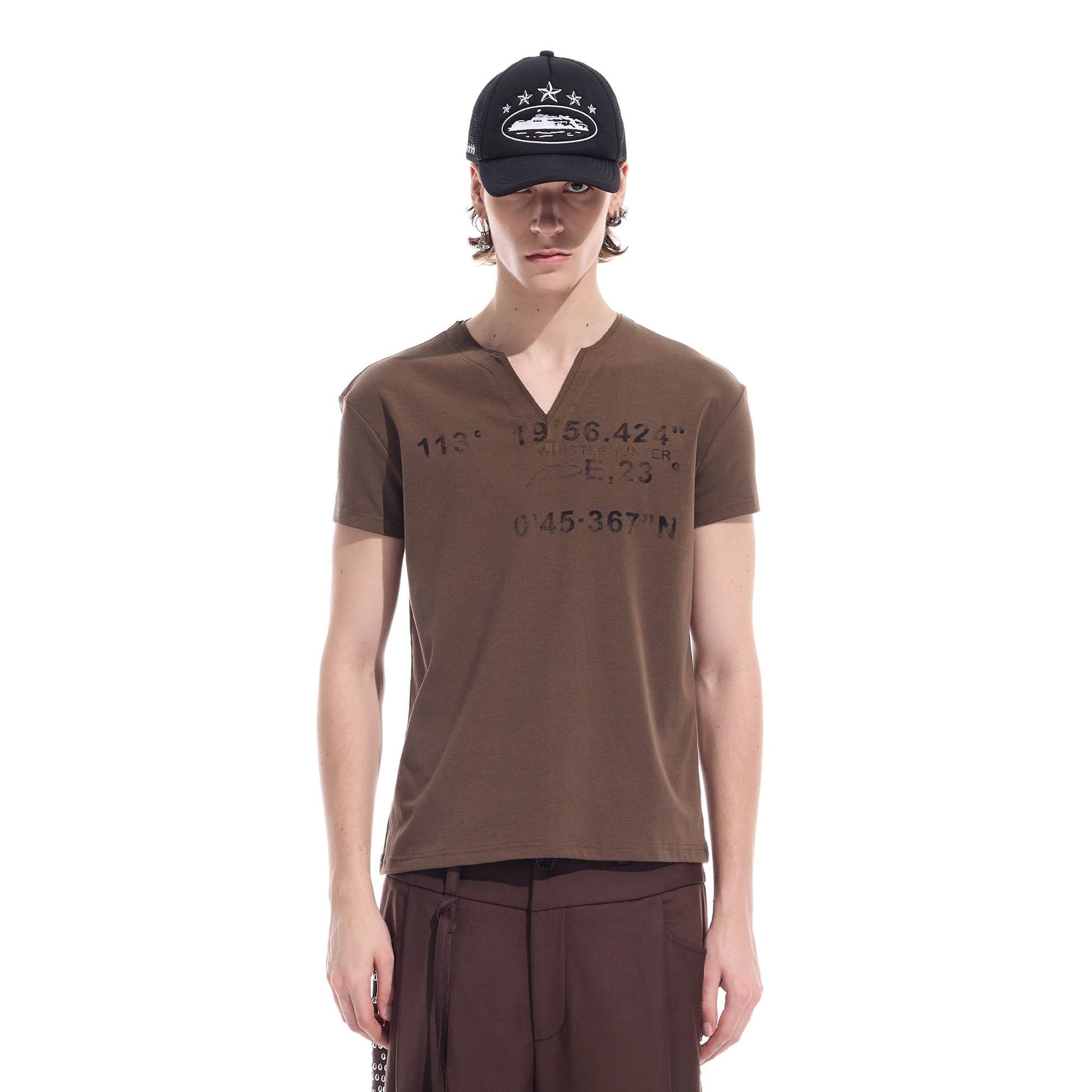 WHISTLEHUNTER Distressed Coordinate V-Neck T-Shirt-T Shirt-S-Brown-Free Shipping Leatheretro