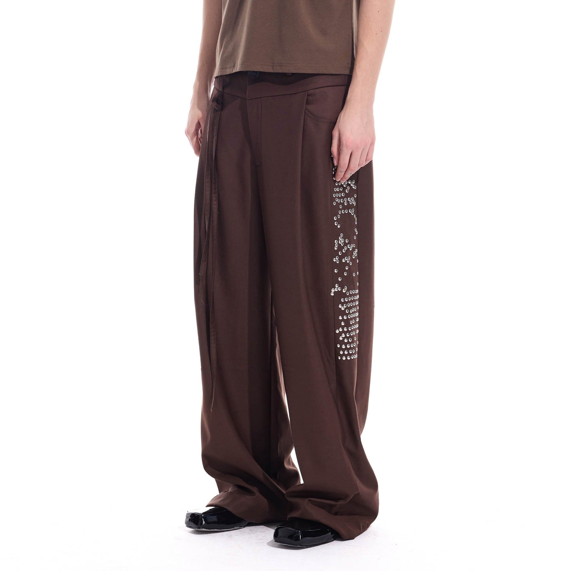 WHISTLEHUNTER Studded-Side Strap Straight-Leg Pants-Pants-S-Brown-Free Shipping Leatheretro