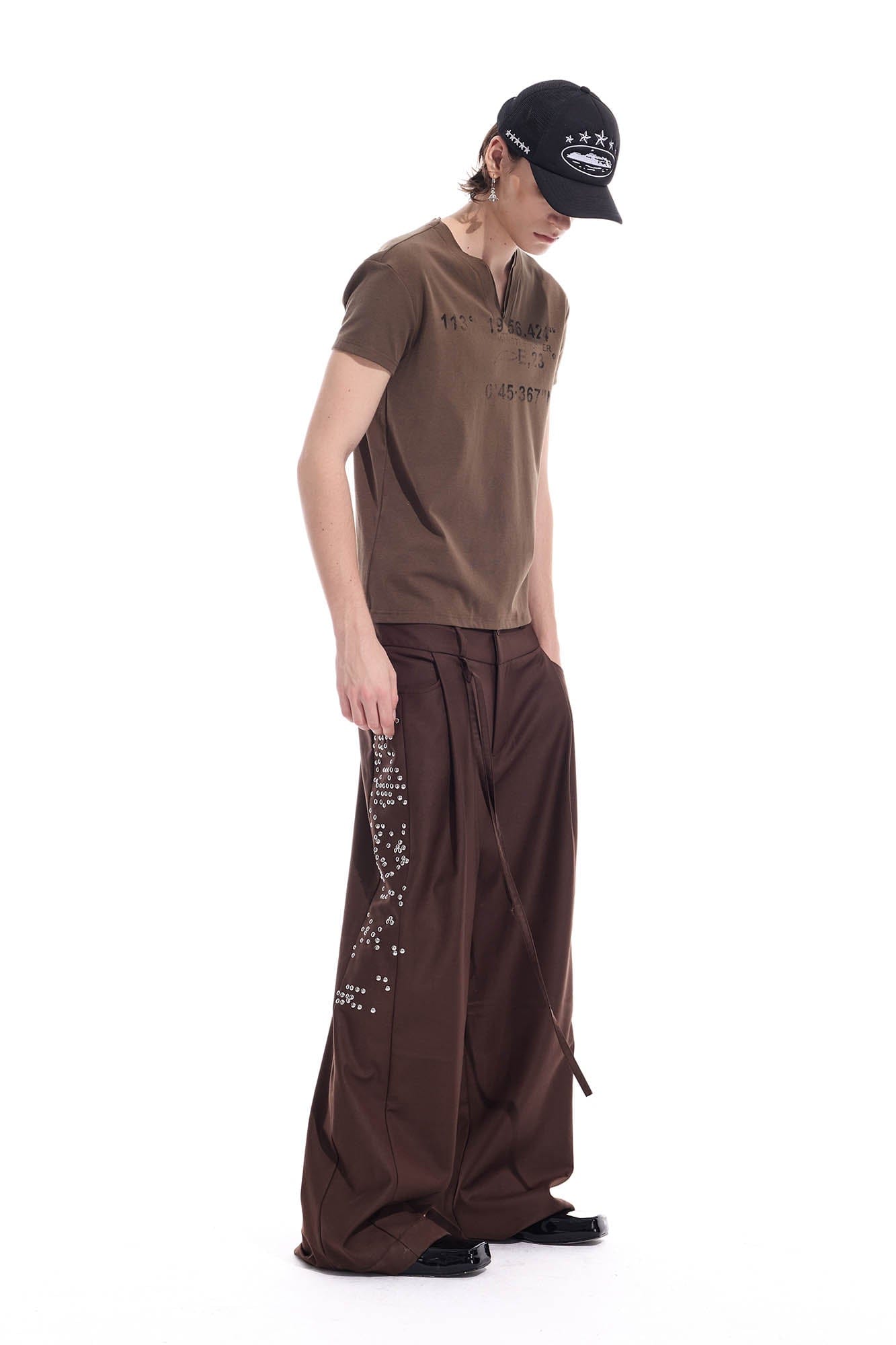 WHISTLEHUNTER Studded-Side Strap Straight-Leg Pants-Pants-S-Brown-Free Shipping Leatheretro