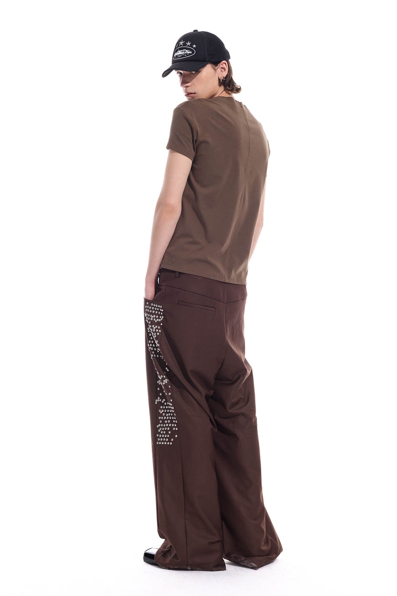 WHISTLEHUNTER Studded-Side Strap Straight-Leg Pants-Pants-S-Brown-Free Shipping Leatheretro