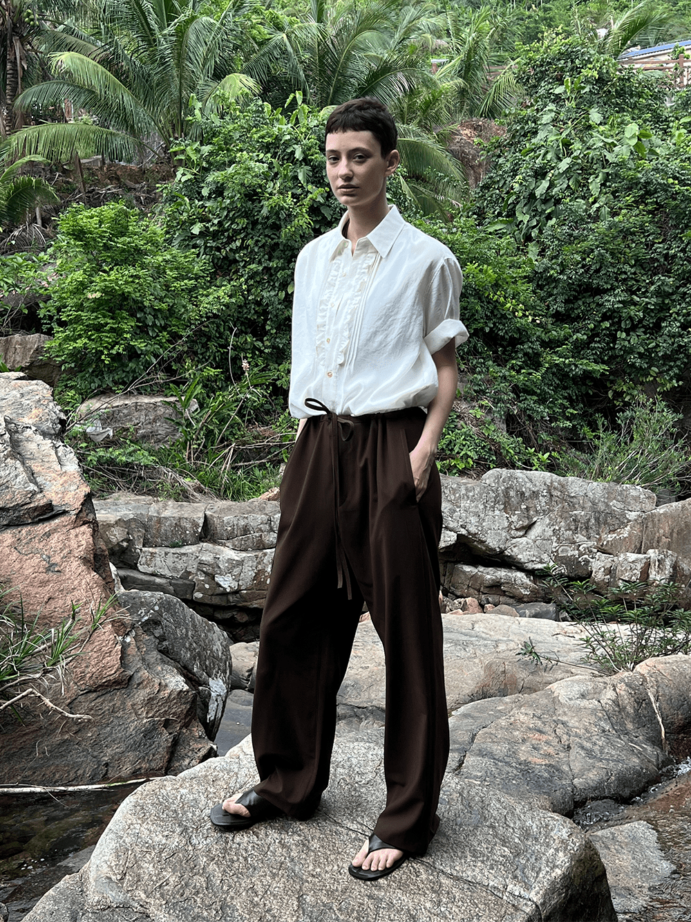 OPICLOTH Retro Pintuck Ruffle Modal Blend Half Shirt-Half shirt-Green-XS-Free Shipping Leatheretro