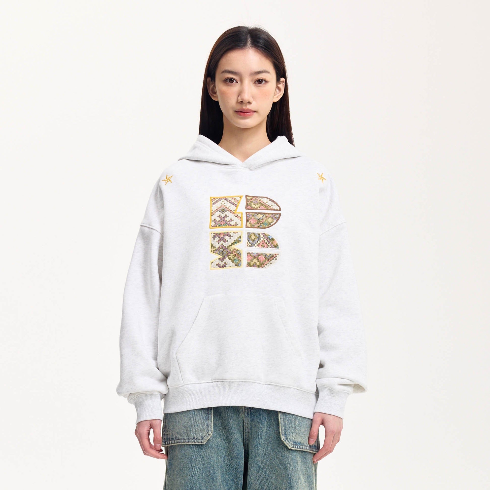 BONELESS Tribal Jacquard LOGO Patch Embroidered Hoodie-Hoodie-S-Gray-Free Shipping Leatheretro