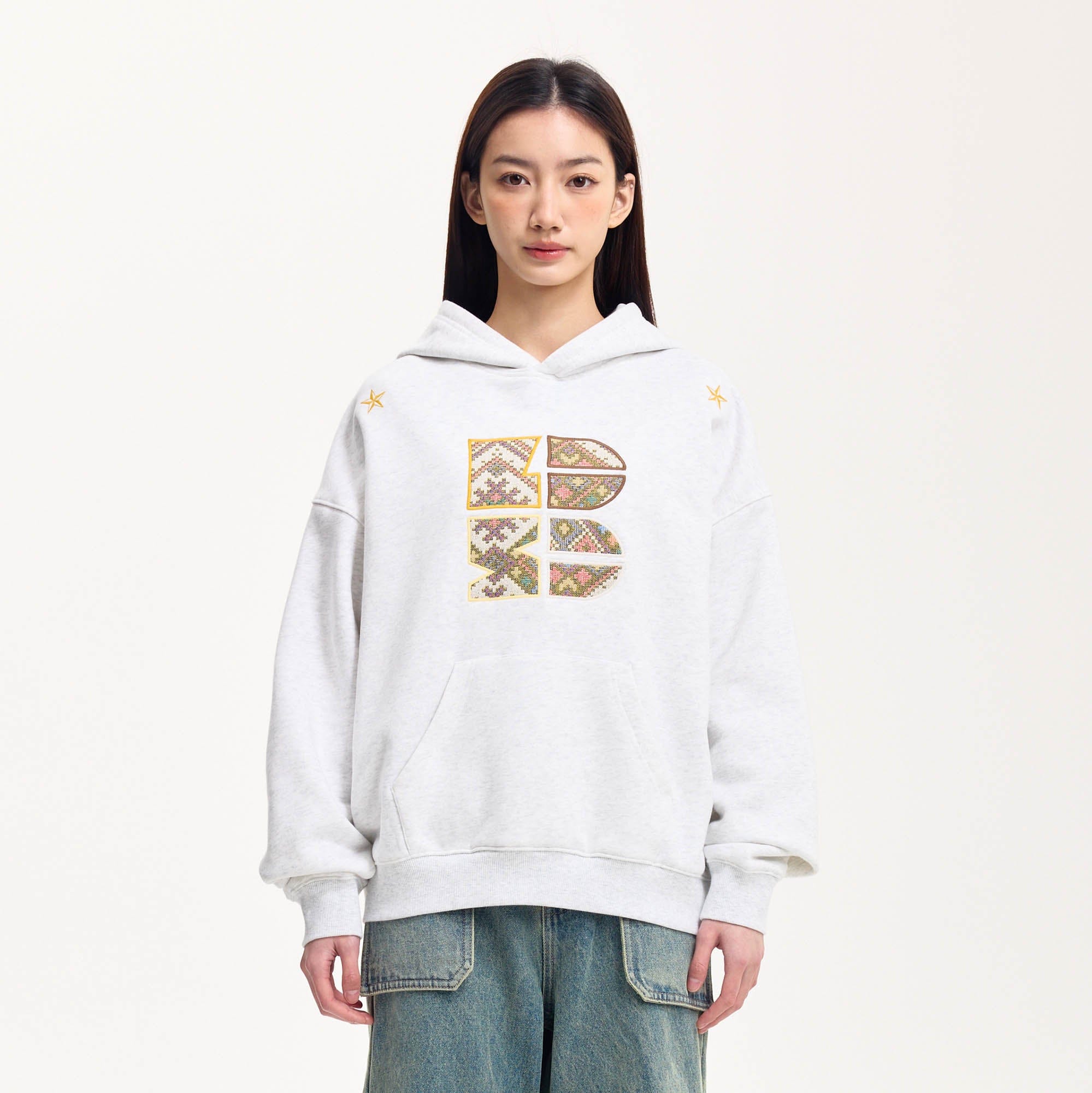 BONELESS Tribal Jacquard LOGO Patch Embroidered Hoodie-Hoodie-S-Gray-Free Shipping Leatheretro