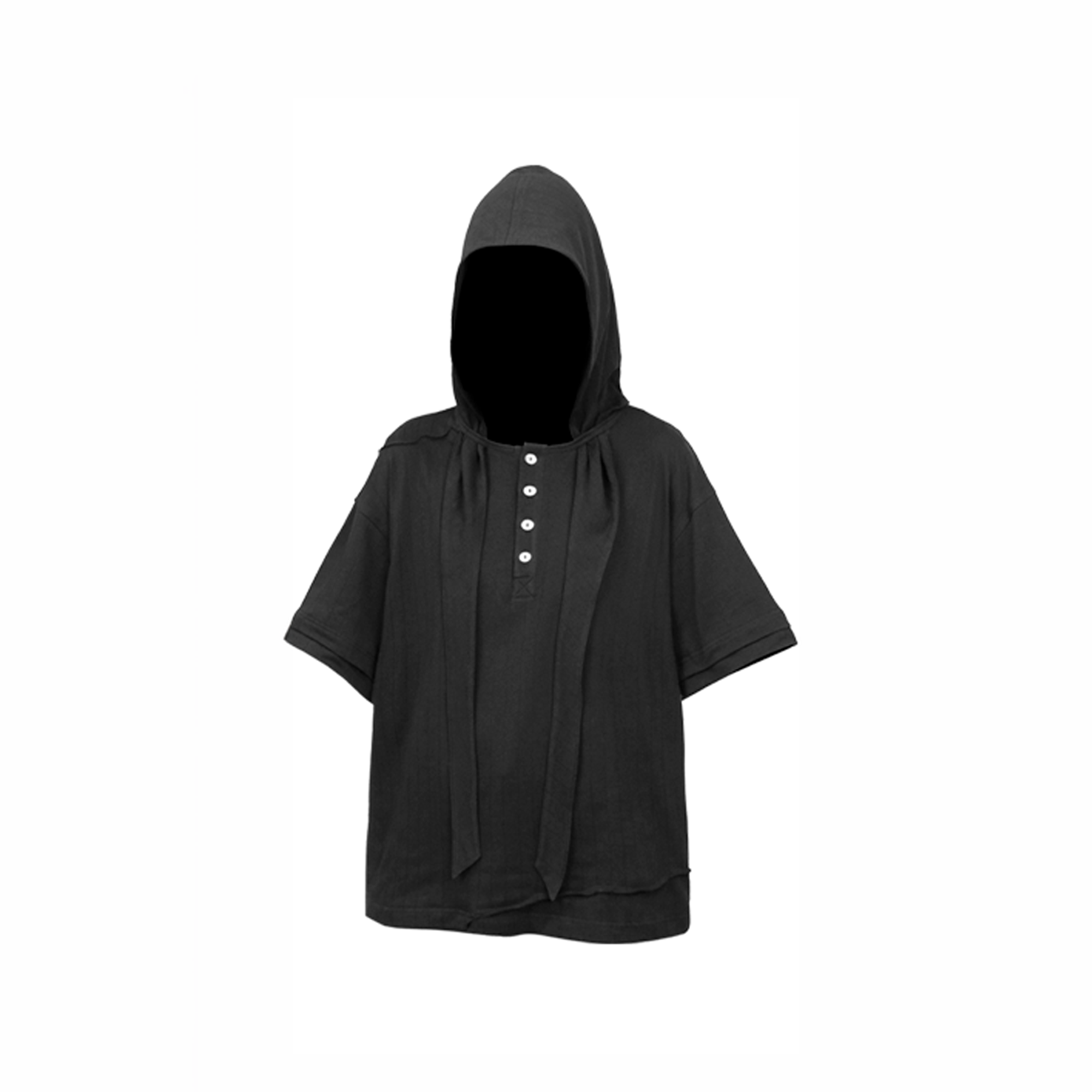 RELABEL Detachable Hood Distressed Henley Tee-T Shirt-XS-Black-Free Shipping Leatheretro
