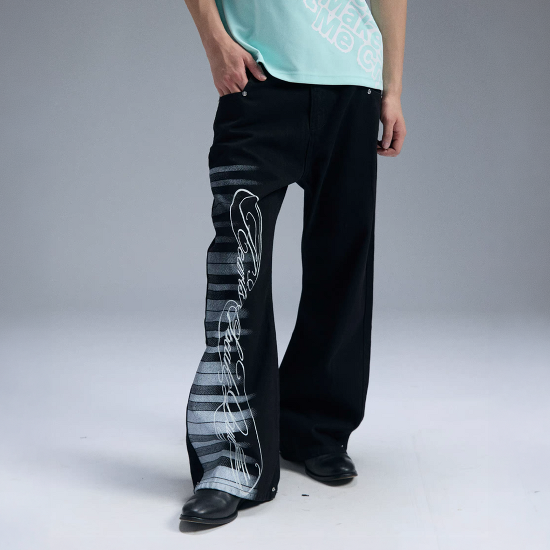PAIKI Piano Key Script Foil Flared Jeans-Jeans-S / 31"-Black (Preorder)-Free Shipping Leatheretro