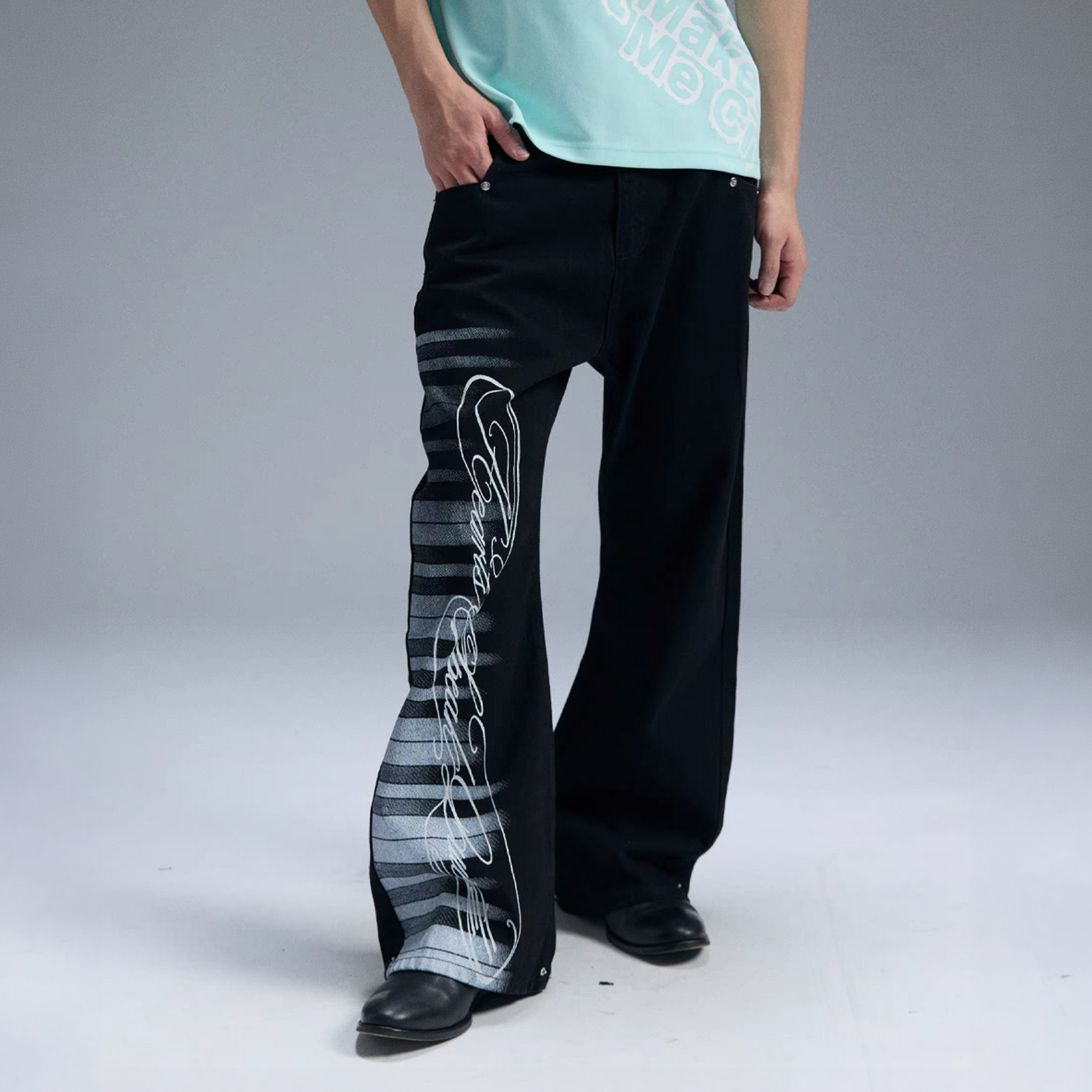 PAIKI Piano Key Script Foil Flared Jeans-Jeans-S / 31"-Black (Preorder)-Free Shipping Leatheretro