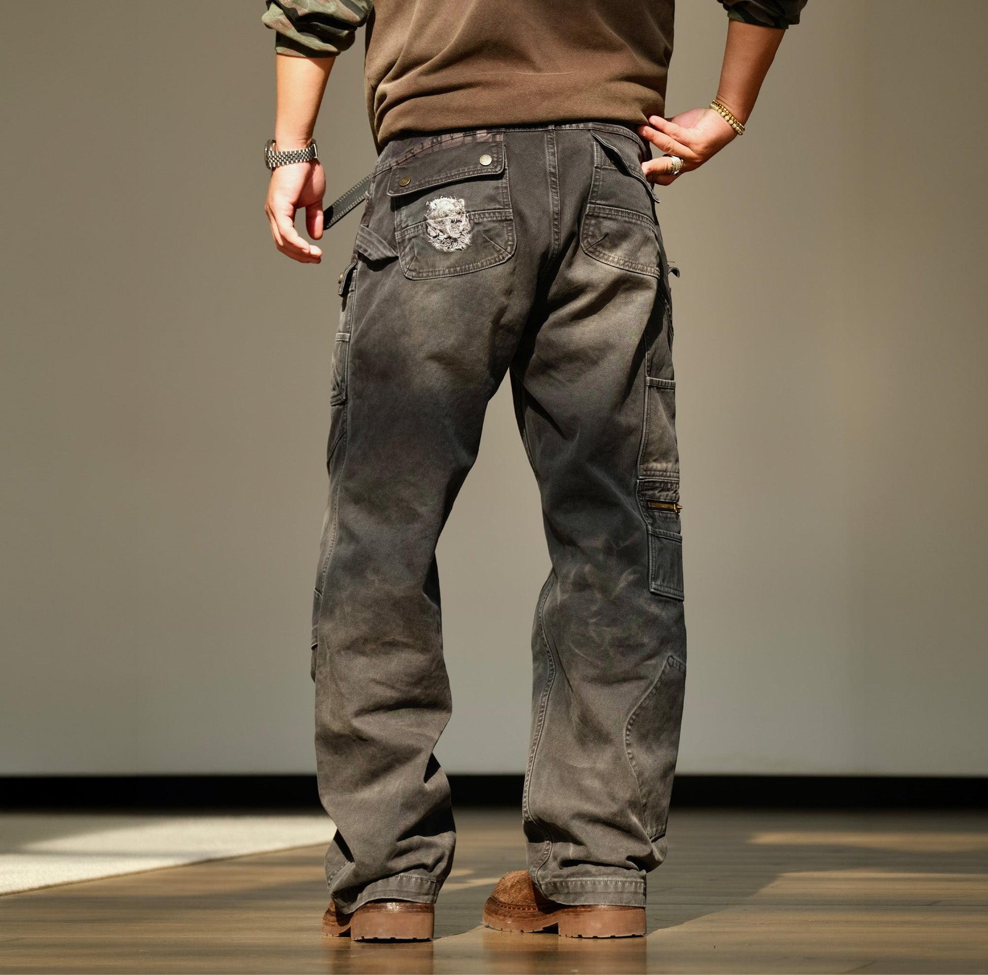 NEIGBORL Washed Multi-Pocket Straight-Leg Cargo Pants-Pants-S (Preorder)-Black-Free Shipping Leatheretro
