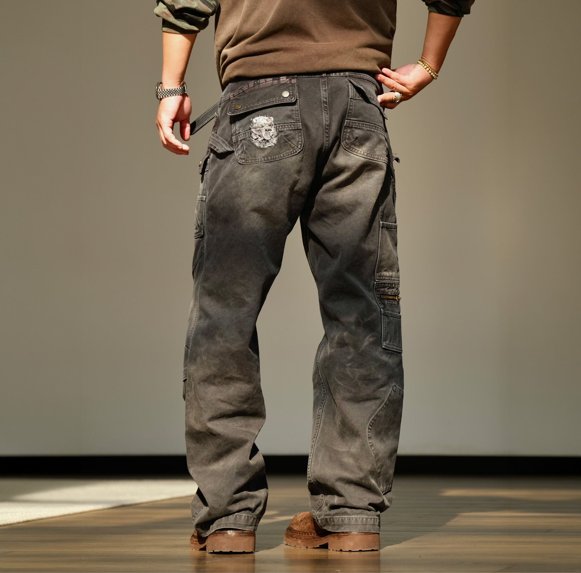NEIGBORL Washed Multi-Pocket Straight-Leg Cargo Pants-Pants-S (Preorder)-Black-Free Shipping Leatheretro