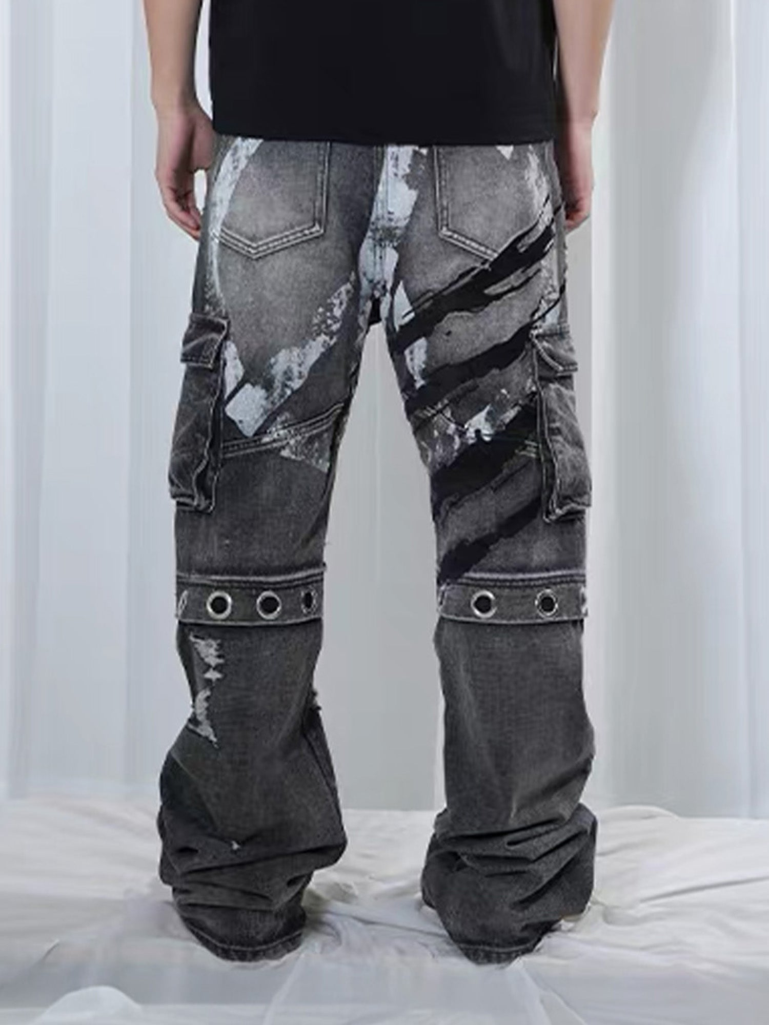 VINKID Distressed Grommet Strap Flared Jeans-Jeans-S-Free Shipping Leatheretro