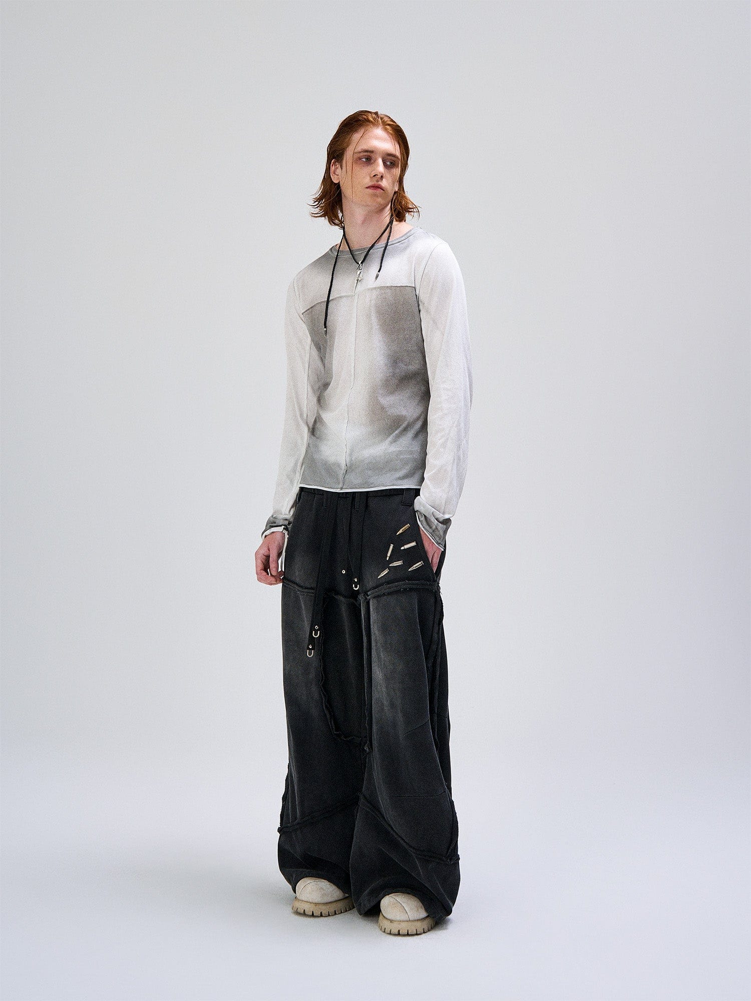 FLYERRER Washed Gradient Cross-Panel Raw-Edge Long-Sleeve Tee-L/S Tee-S (Preorder)-Free Shipping Leatheretro