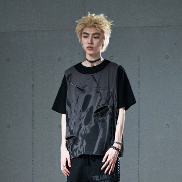 VENTUREK Washed Horror Graphic Layered Multi-Zip Tee-T Shirt-S-Free Shipping Leatheretro