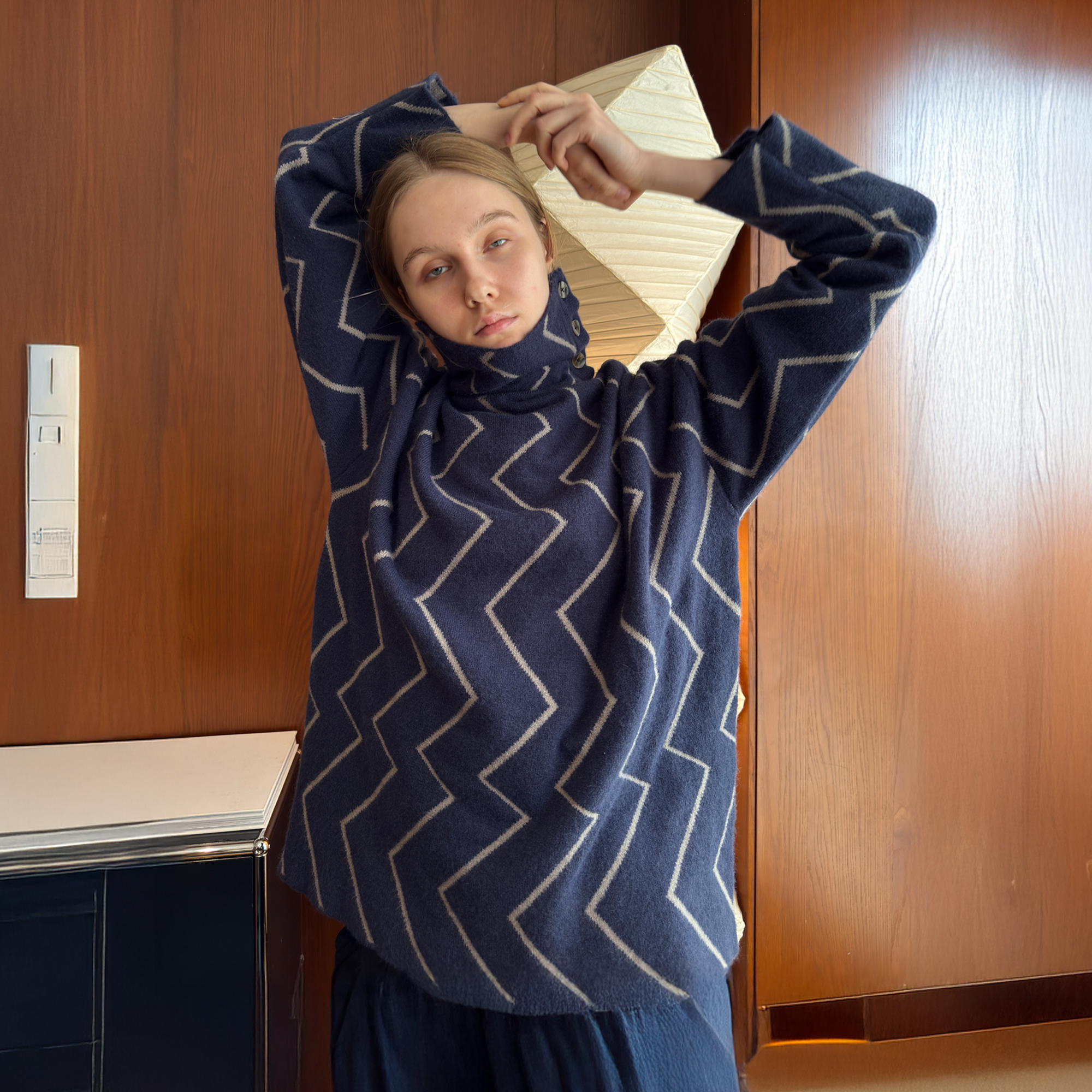 MIICHOUS Geometric Ripple Jacquard Asym High-Neck Sweater-Sweater-S-Dark Blue-Free Shipping Leatheretro