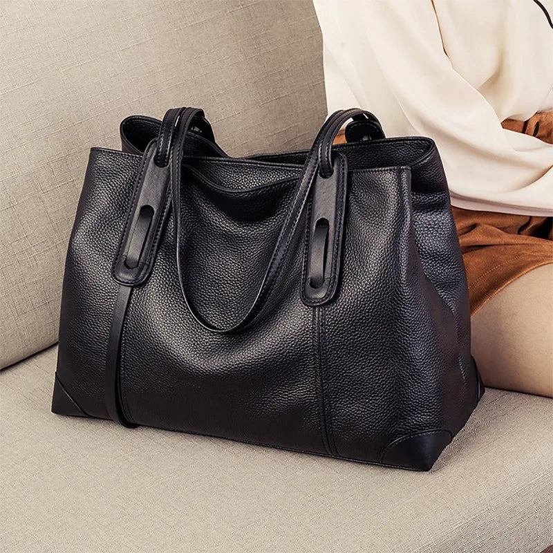 Luxury Soft Cowhide Leather Tote Bag - Women's Shoulder Handbag-Handbags-Black-Free Shipping Leatheretro