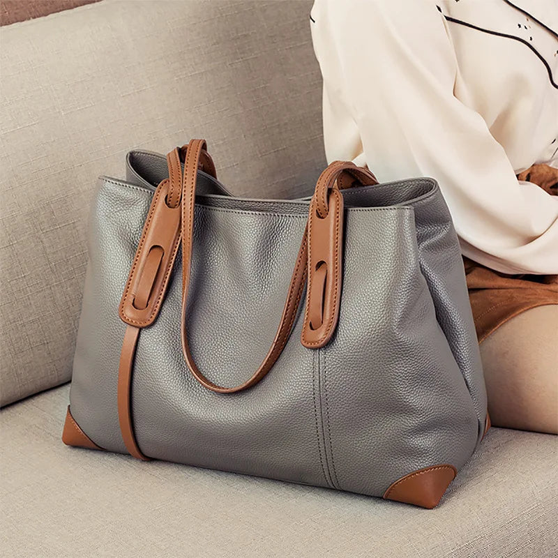 Luxury Soft Cowhide Leather Tote Bag - Women's Shoulder Handbag-Handbags-Grey Brown-Free Shipping Leatheretro